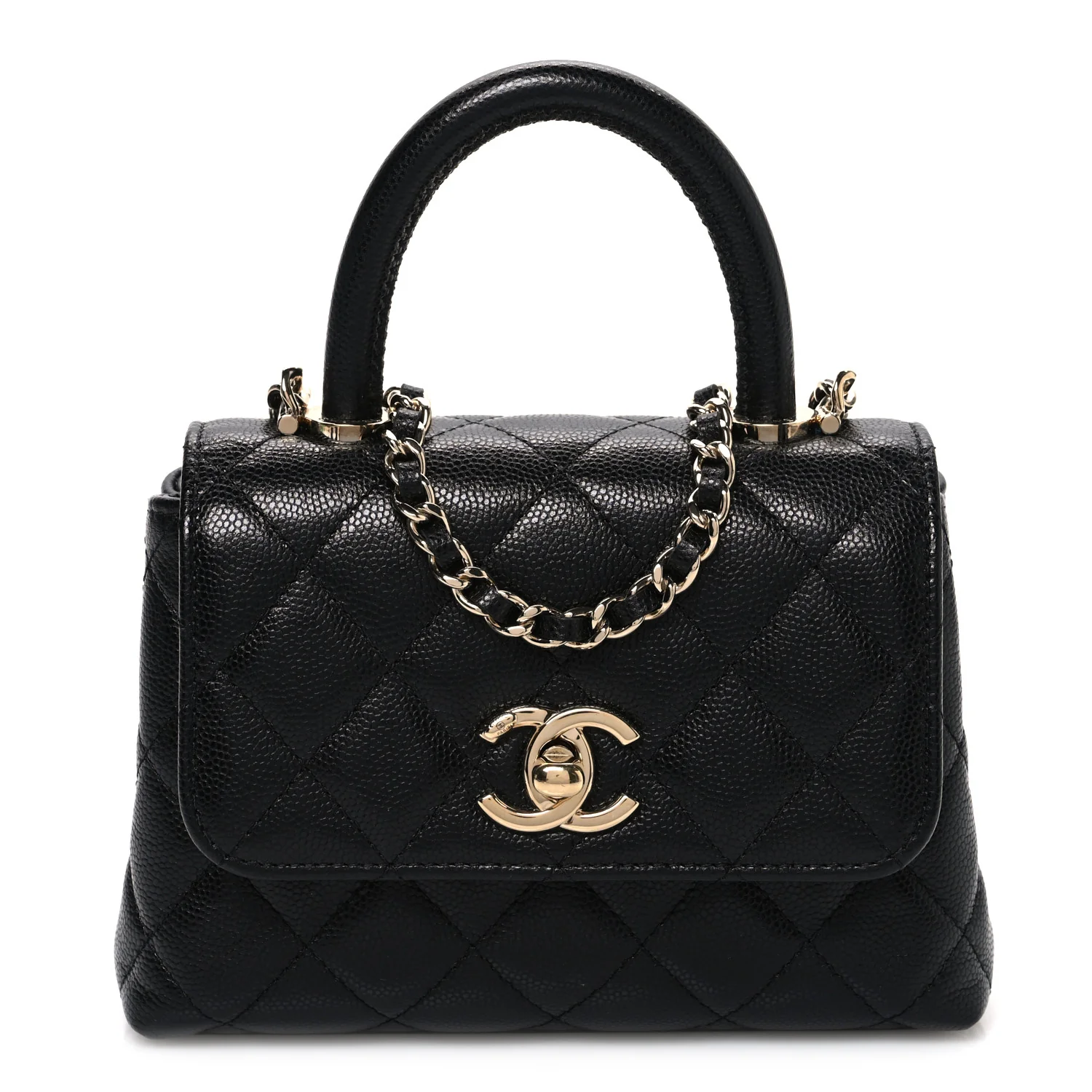 Caviar Quilted Coco Handle Clutch With Chain Black