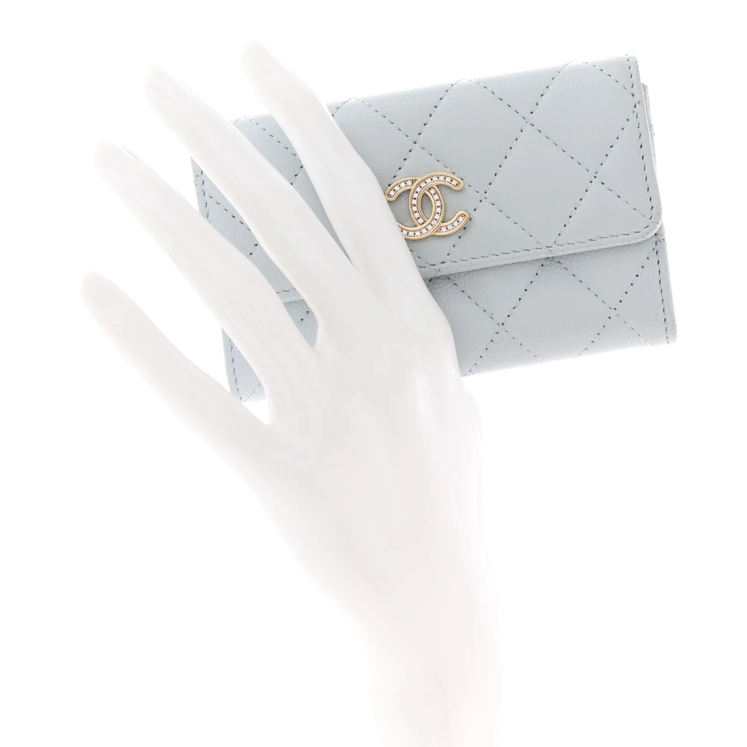 Caviar Quilted Crystal CC Flap Card Holder Light Blue - Image 2