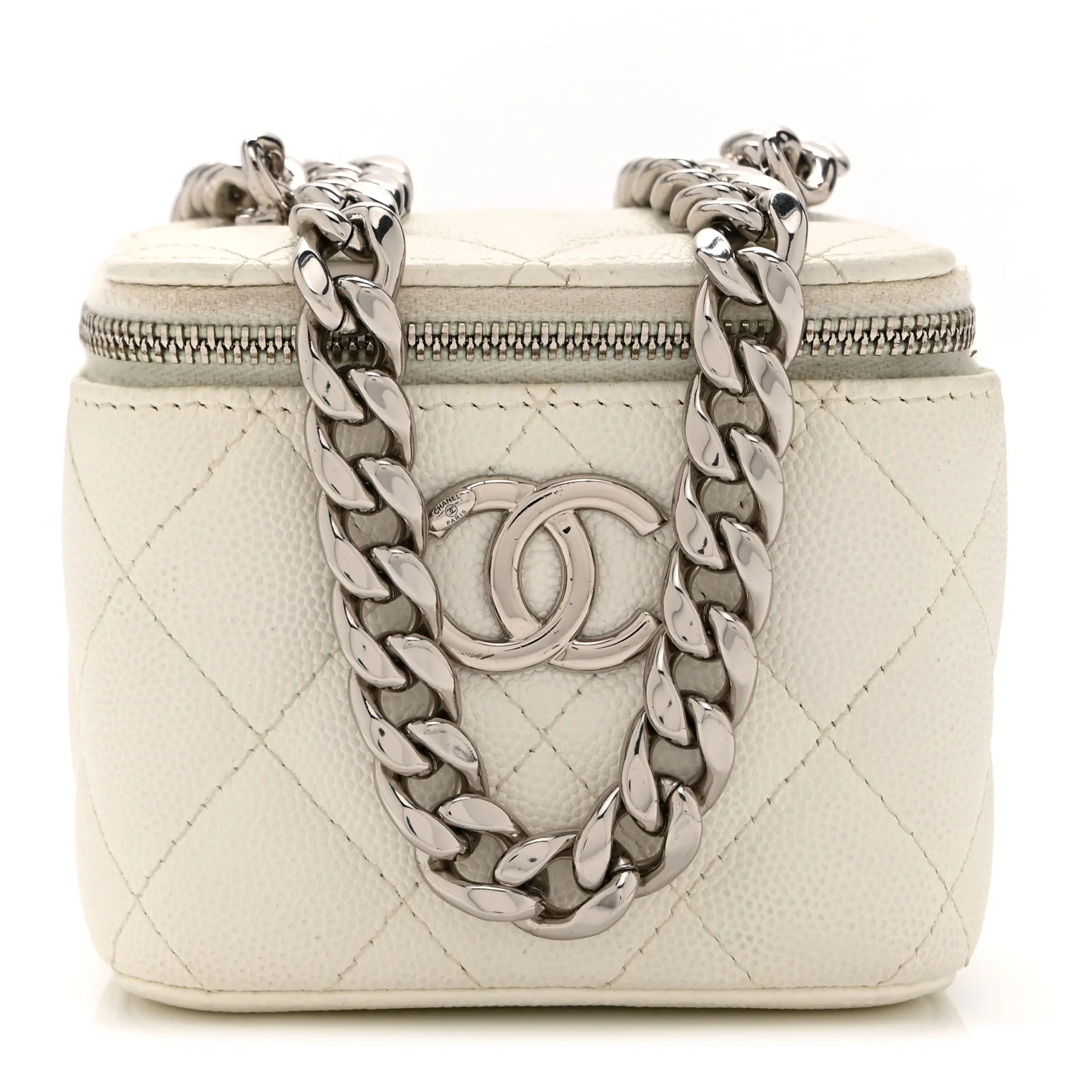 Caviar Quilted Enamel Coco Mini Vanity Case With Chain White - Image 3