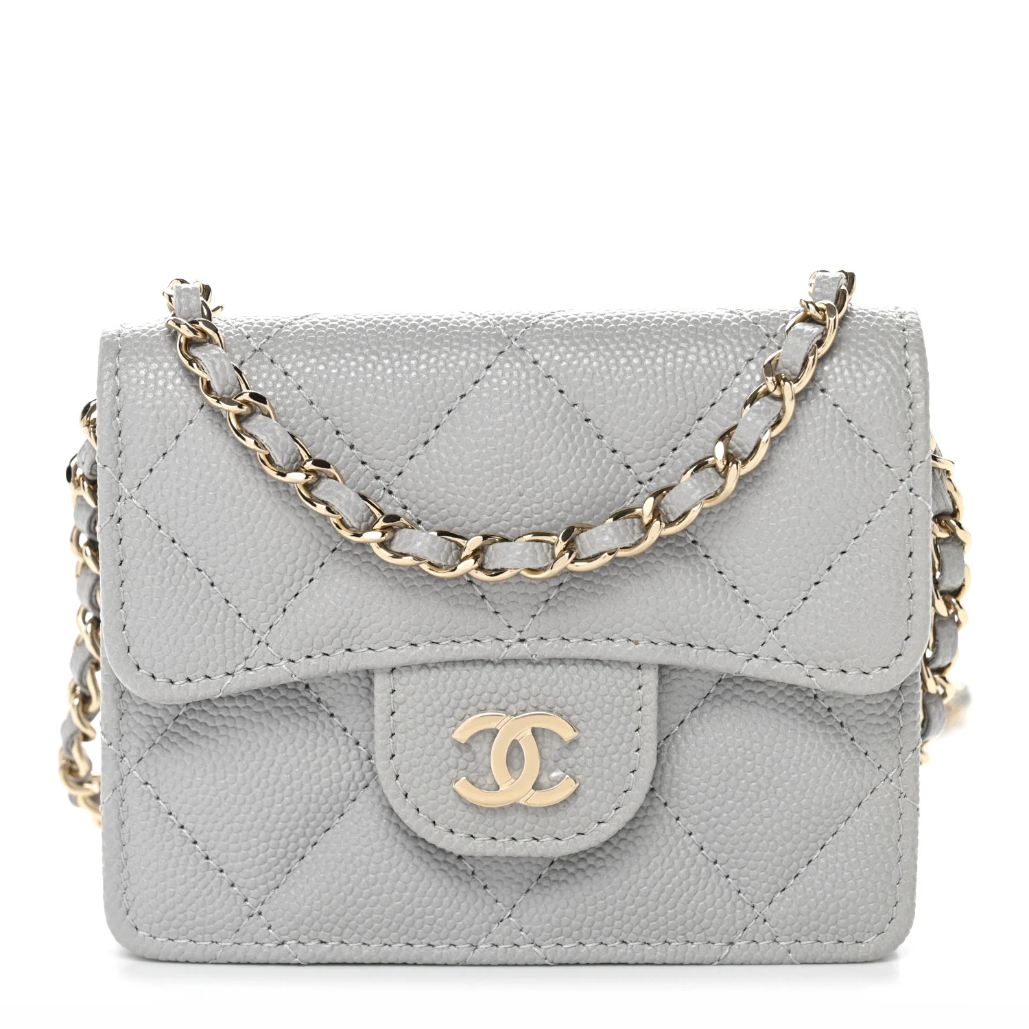 Caviar Quilted Flap Card Holder On Chain Grey