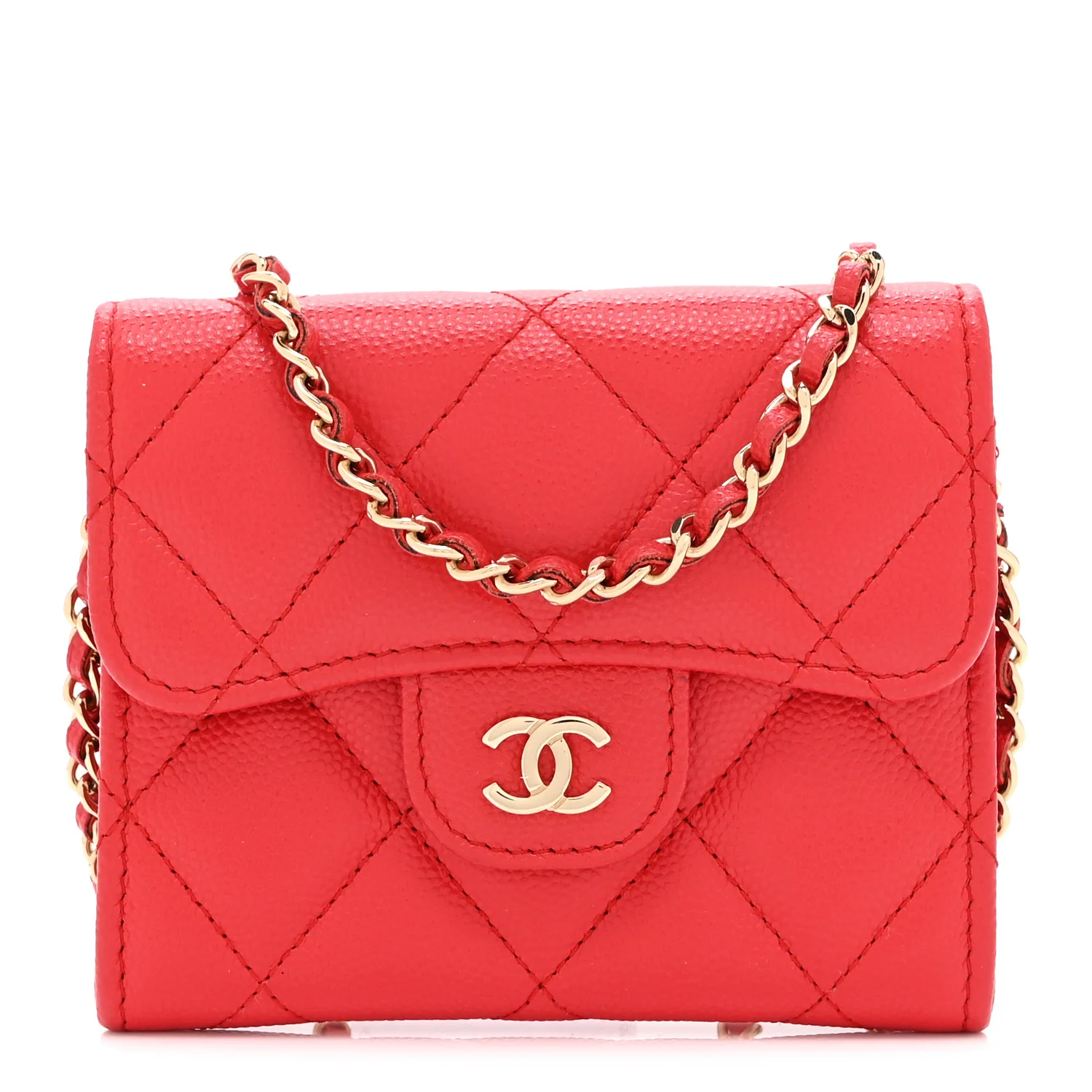 Caviar Quilted Flap Card Holder On Chain Red