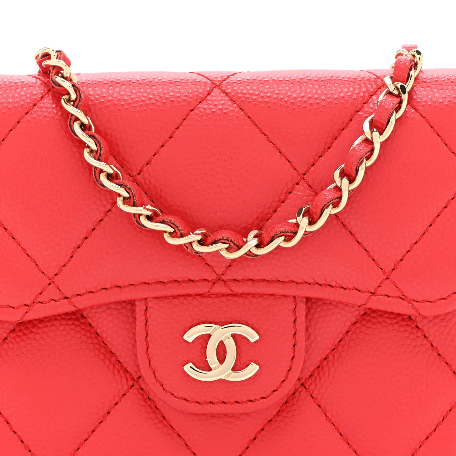 Caviar Quilted Flap Card Holder On Chain Red - Image 9