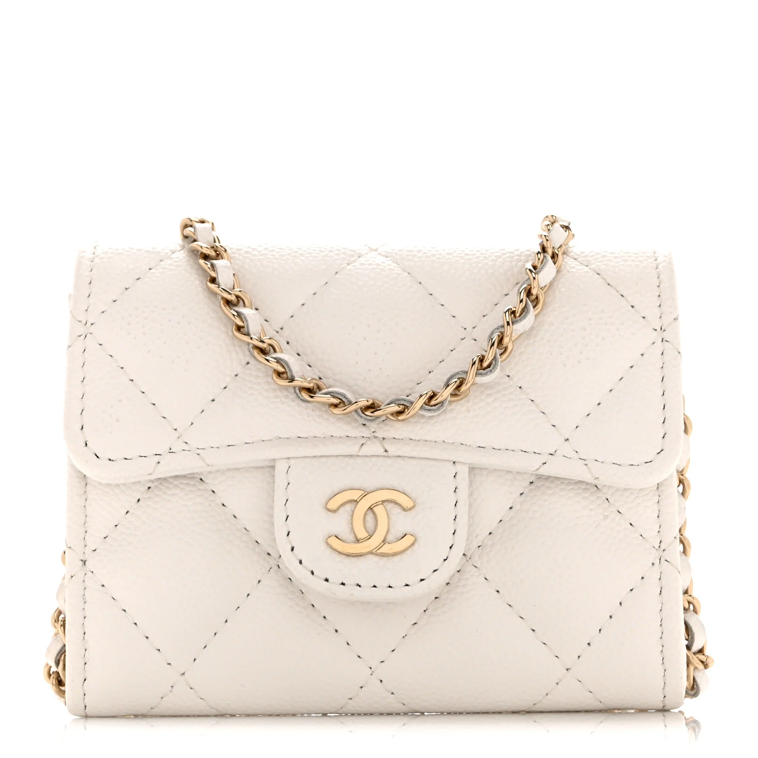 Caviar Quilted Flap Card Holder On Chain White