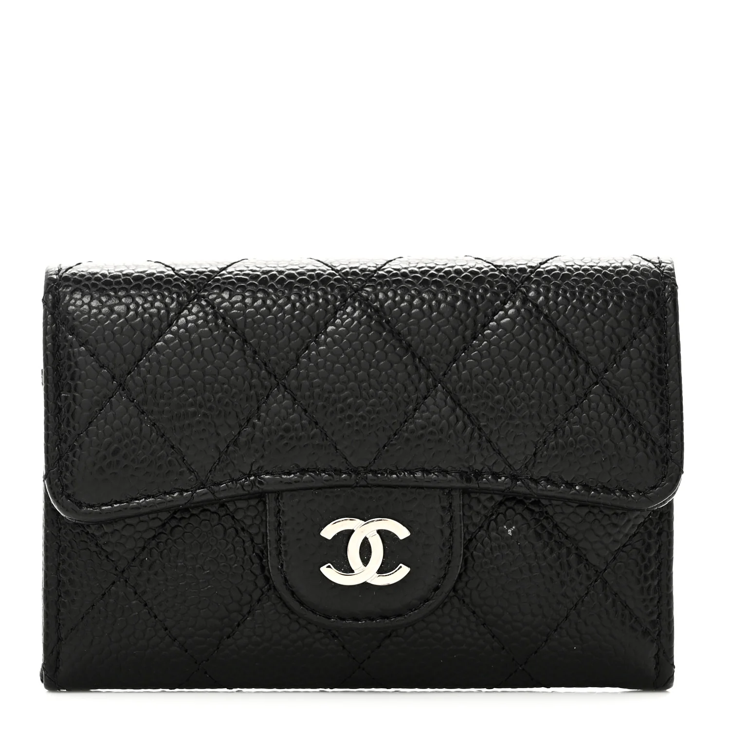 Caviar Quilted Flap Card Holder Wallet Black