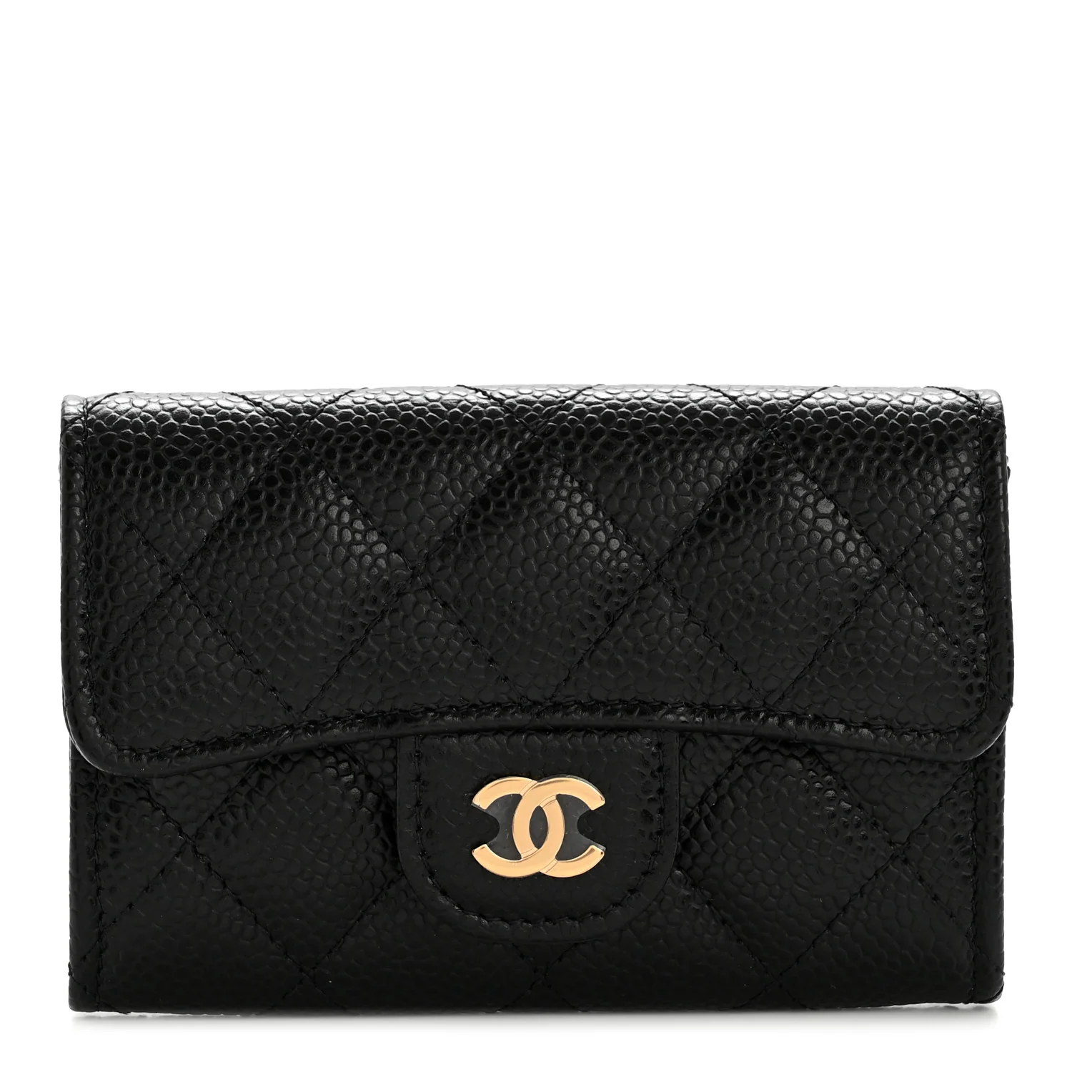 Caviar Quilted Flap Card Holder Wallet Black