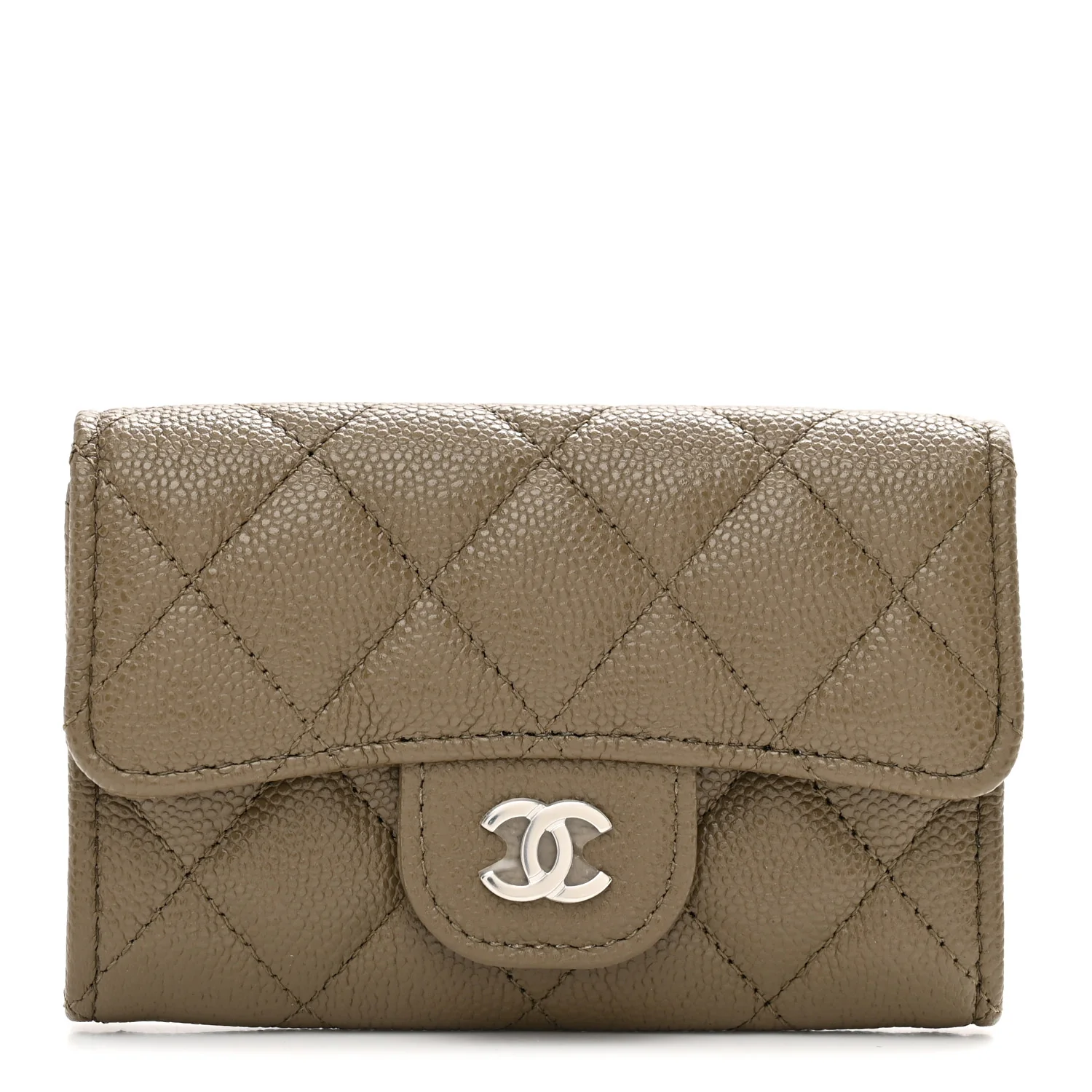 Caviar Quilted Flap Card Holder Wallet Dark Khaki