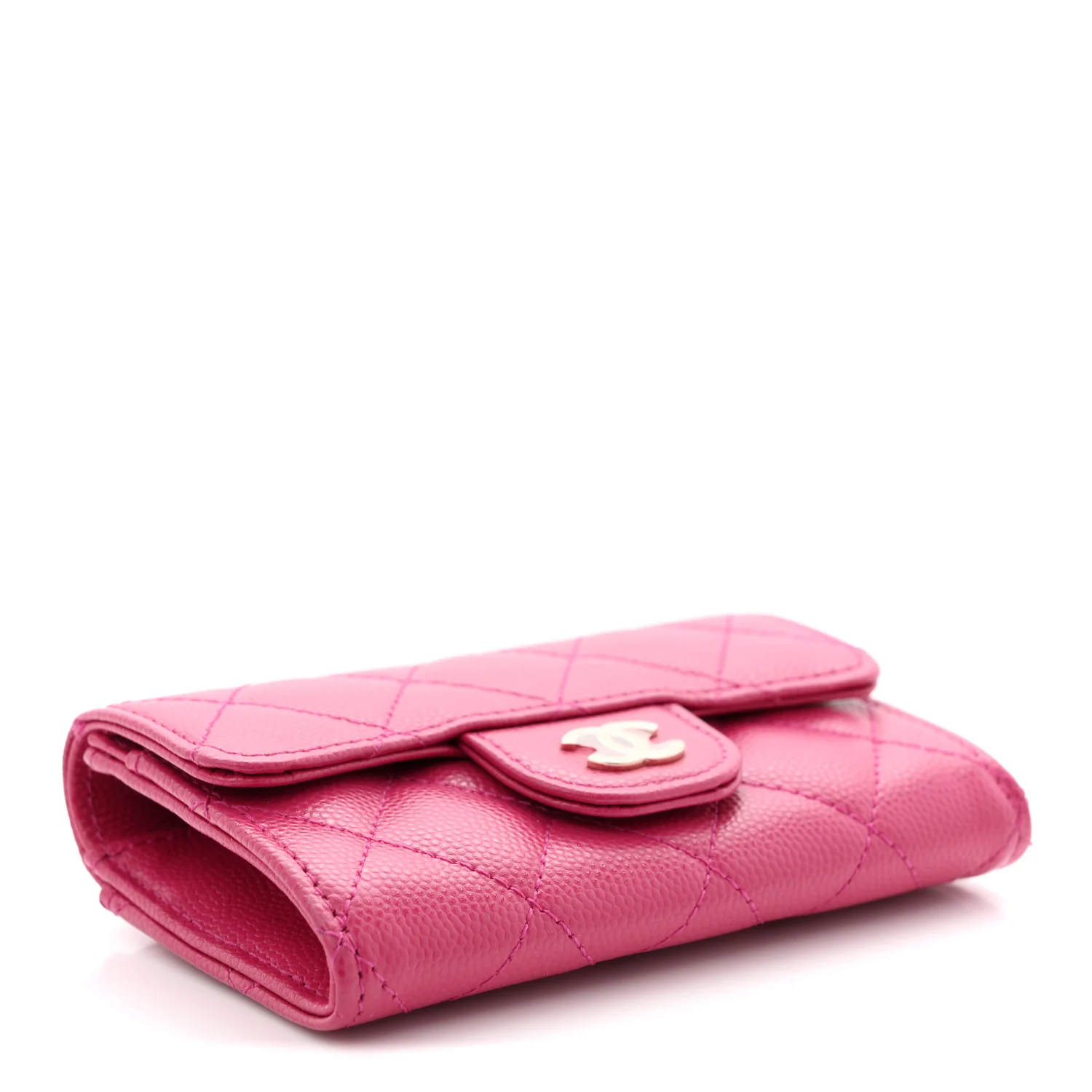 Caviar Quilted Flap Card Holder Wallet Dark Pink - Image 4
