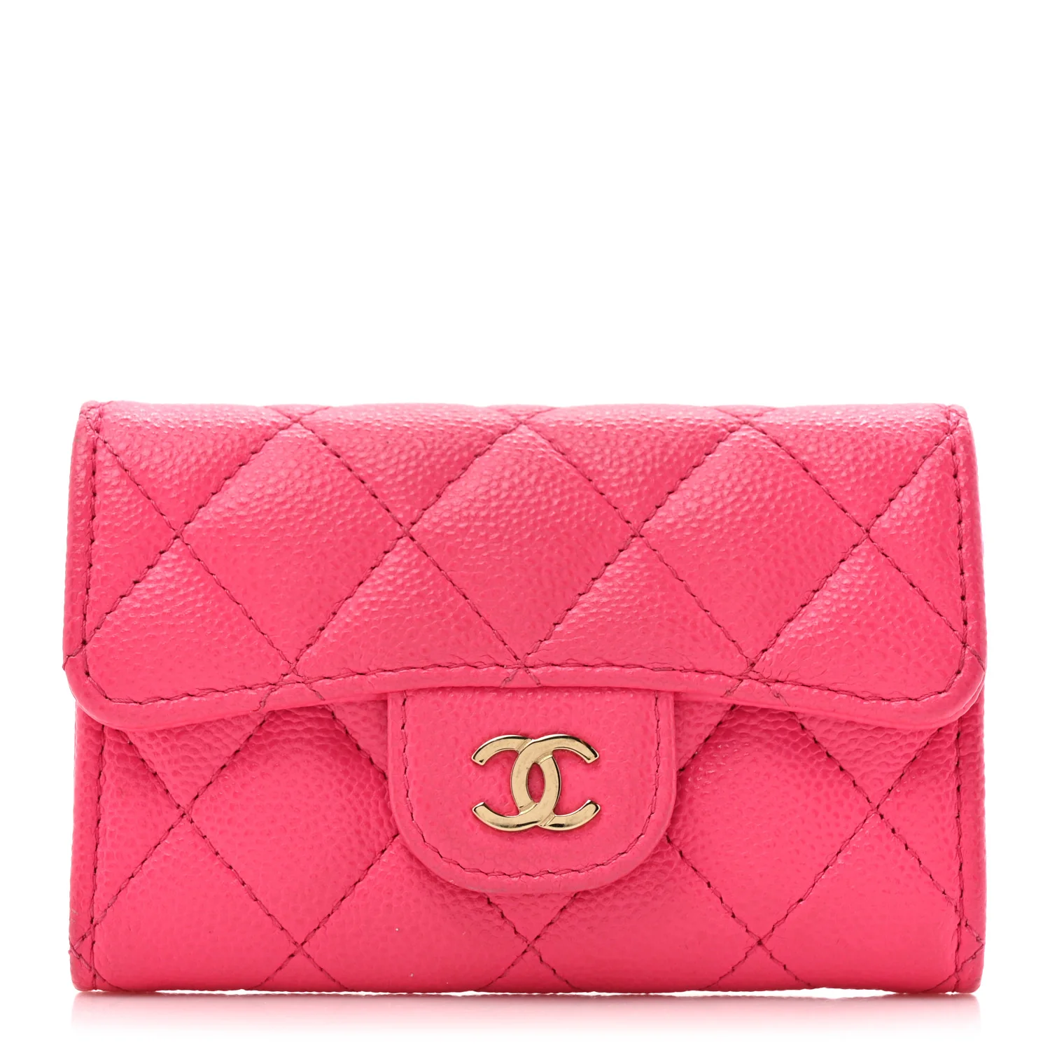 Caviar Quilted Flap Card Holder Wallet Fuchsia
