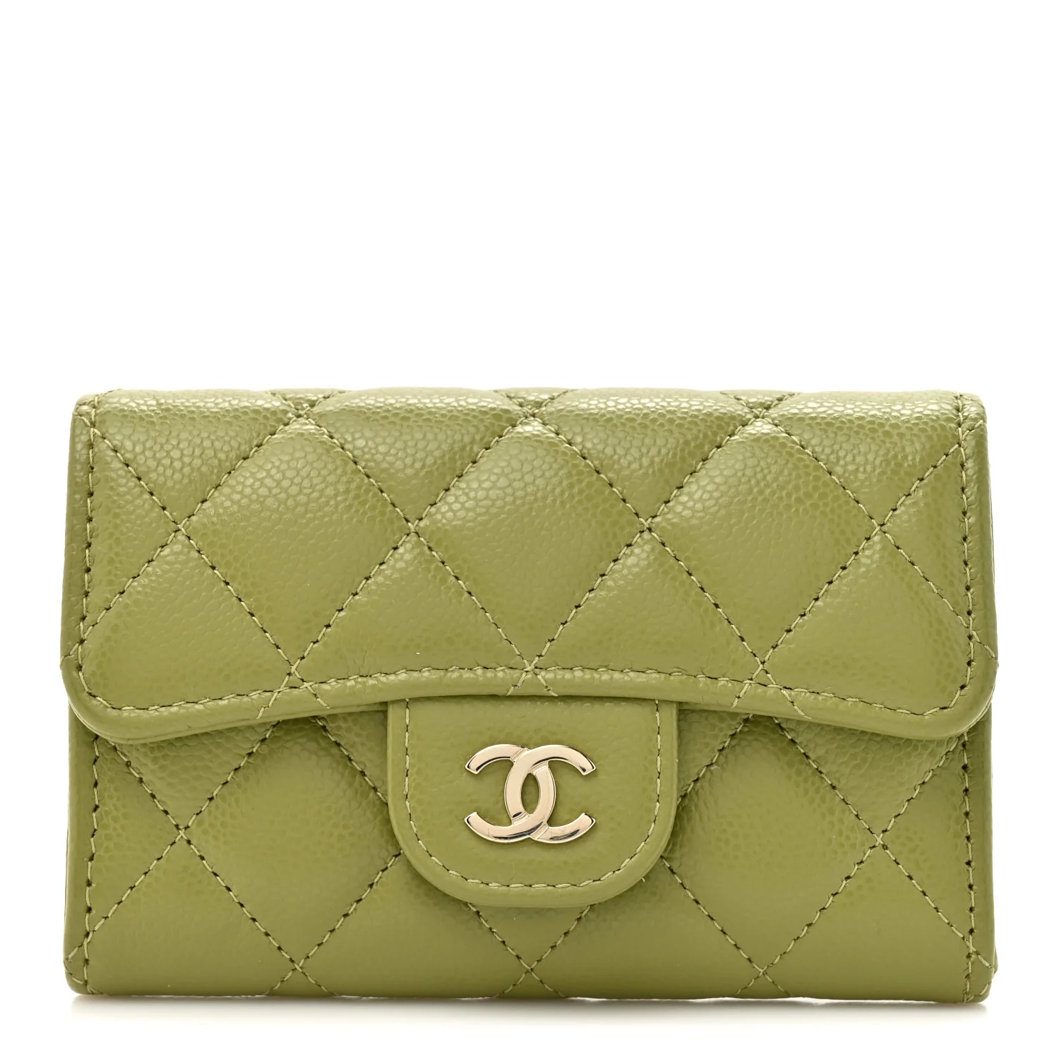 Caviar Quilted Flap Card Holder Wallet Khaki