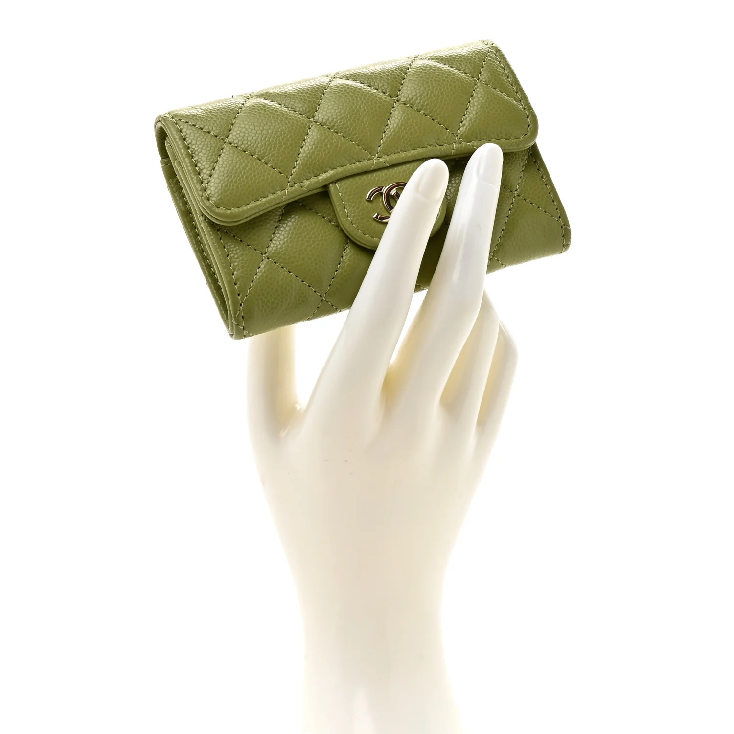 Caviar Quilted Flap Card Holder Wallet Khaki - Image 2