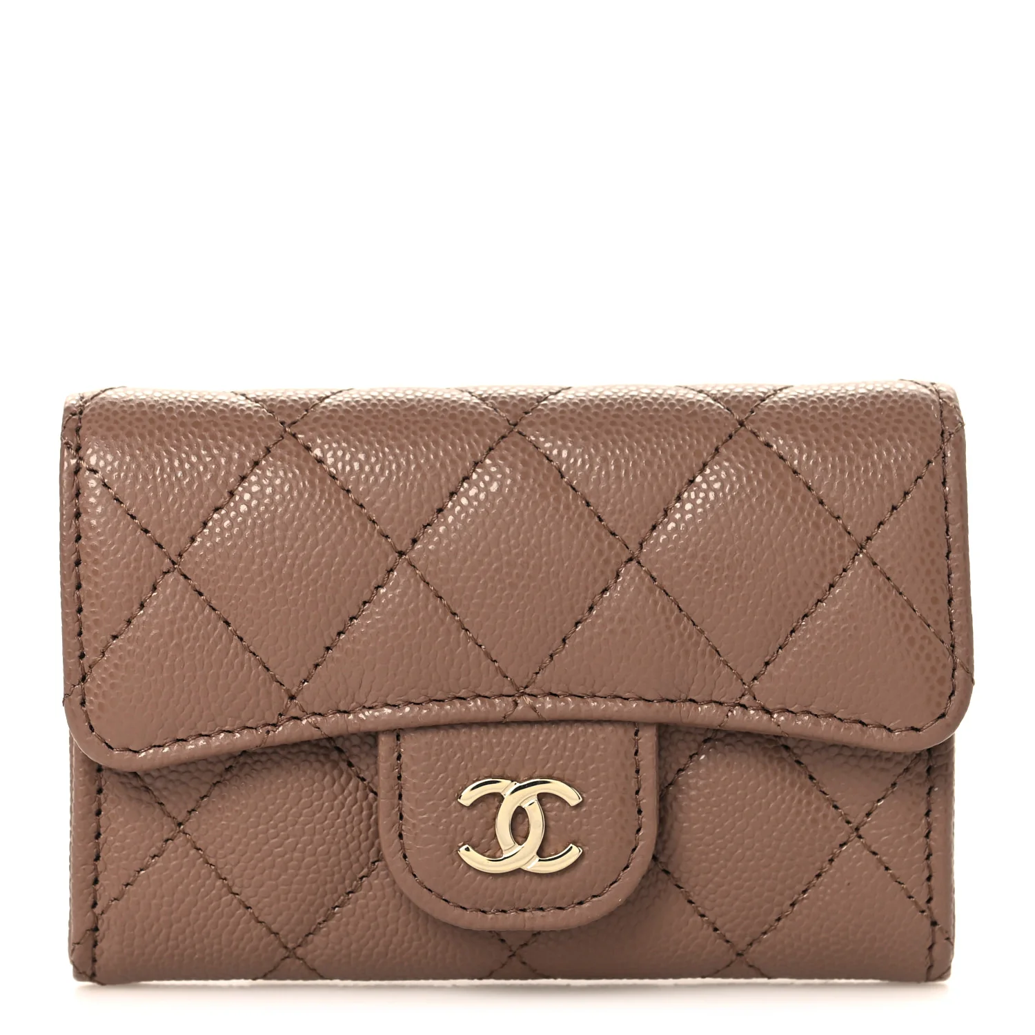Caviar Quilted Flap Card Holder Wallet Light Brown