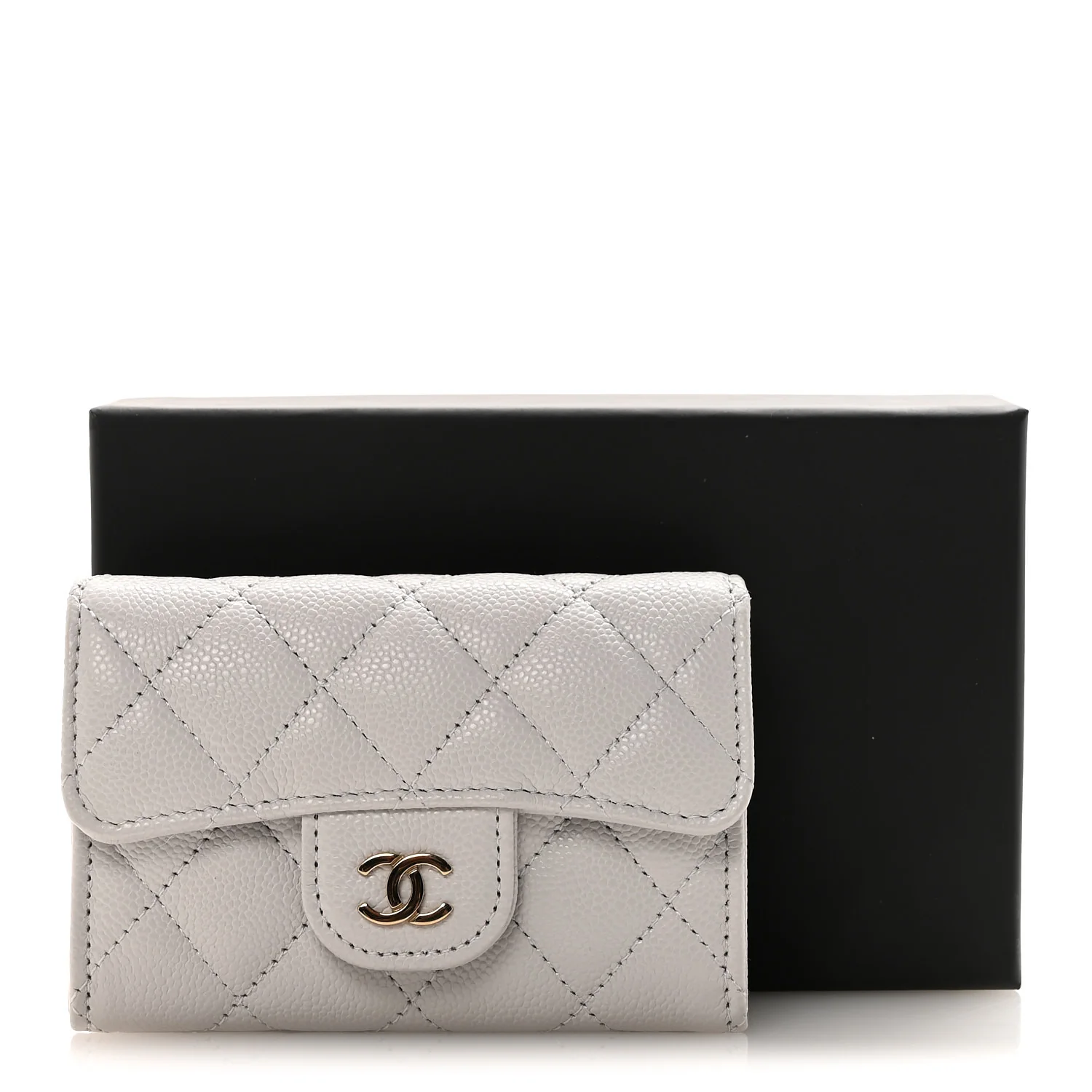Caviar Quilted Flap Card Holder Wallet Light Grey - Image 9
