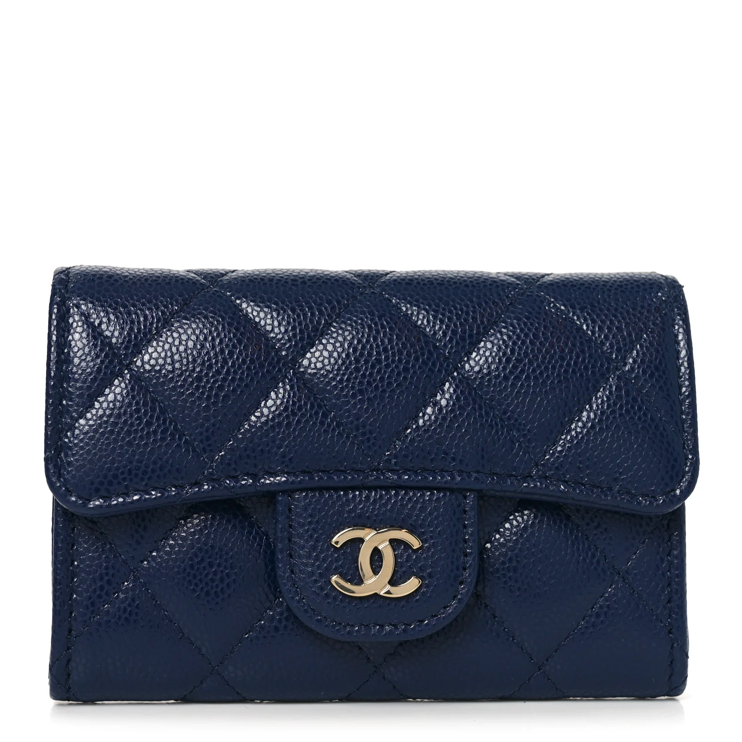 Caviar Quilted Flap Card Holder Wallet Navy Blue