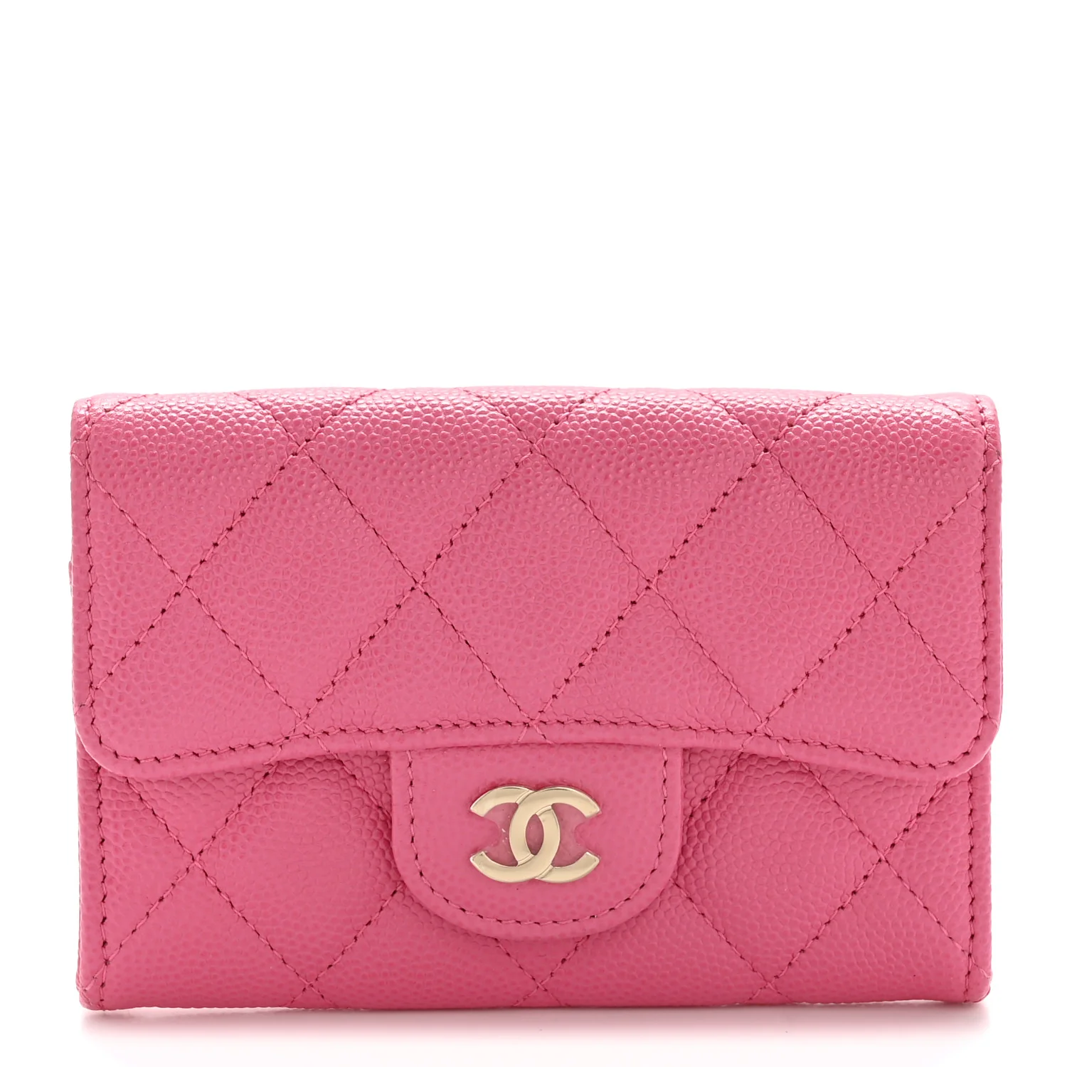 Caviar Quilted Flap Card Holder Wallet Pink