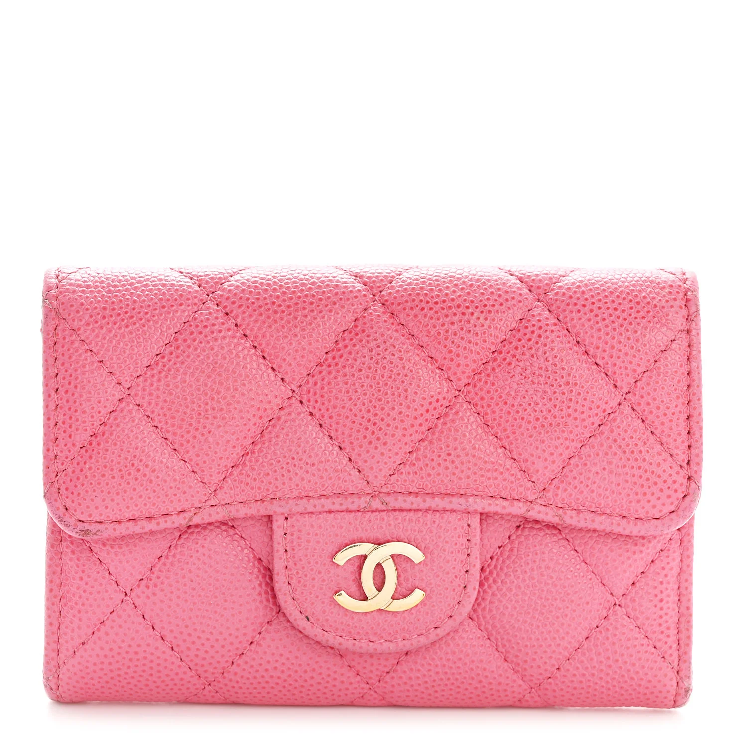 Caviar Quilted Flap Card Holder Wallet Pink