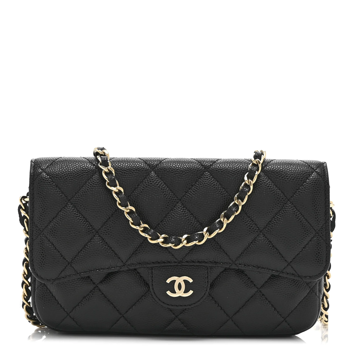 Caviar Quilted Flap Phone Holder With Chain Black
