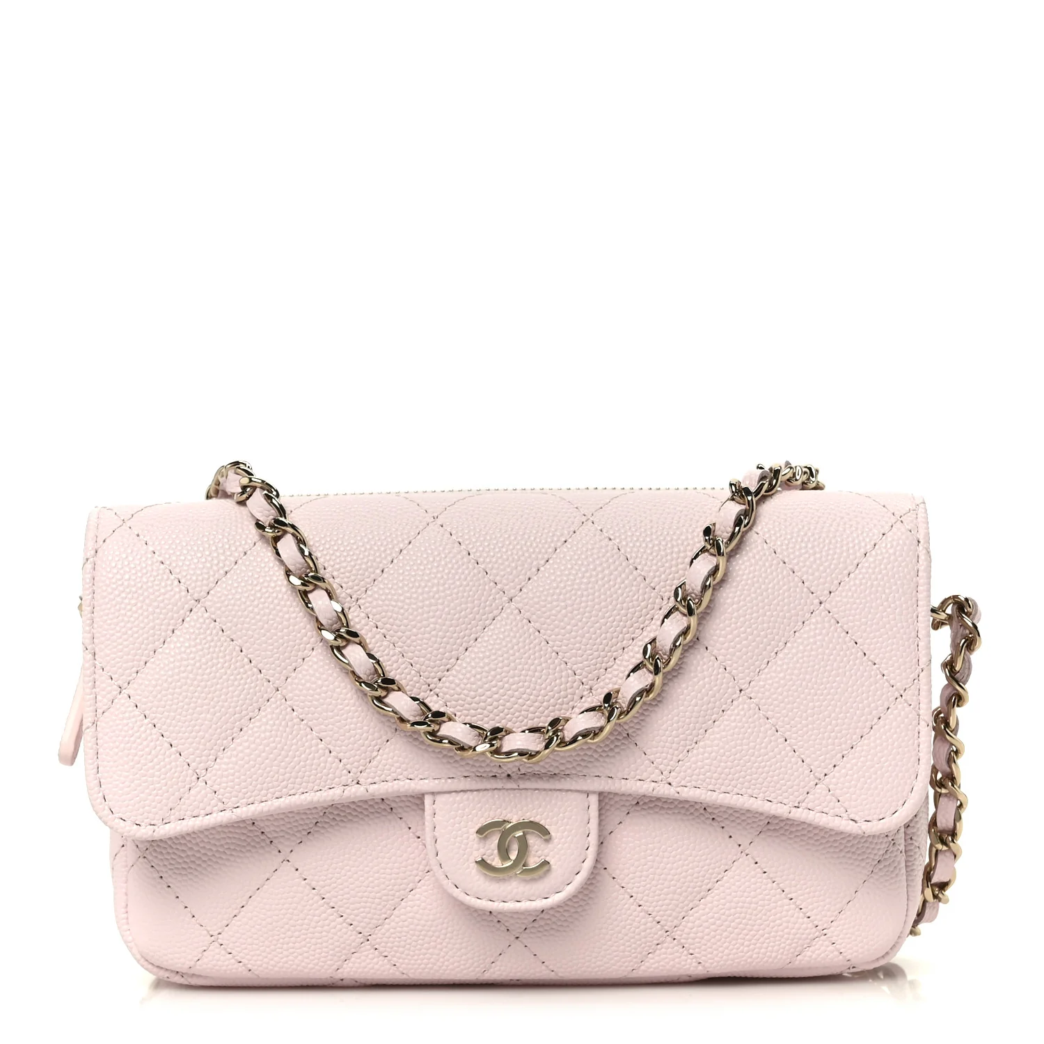 Caviar Quilted Flap Phone Holder With Chain Light Pink