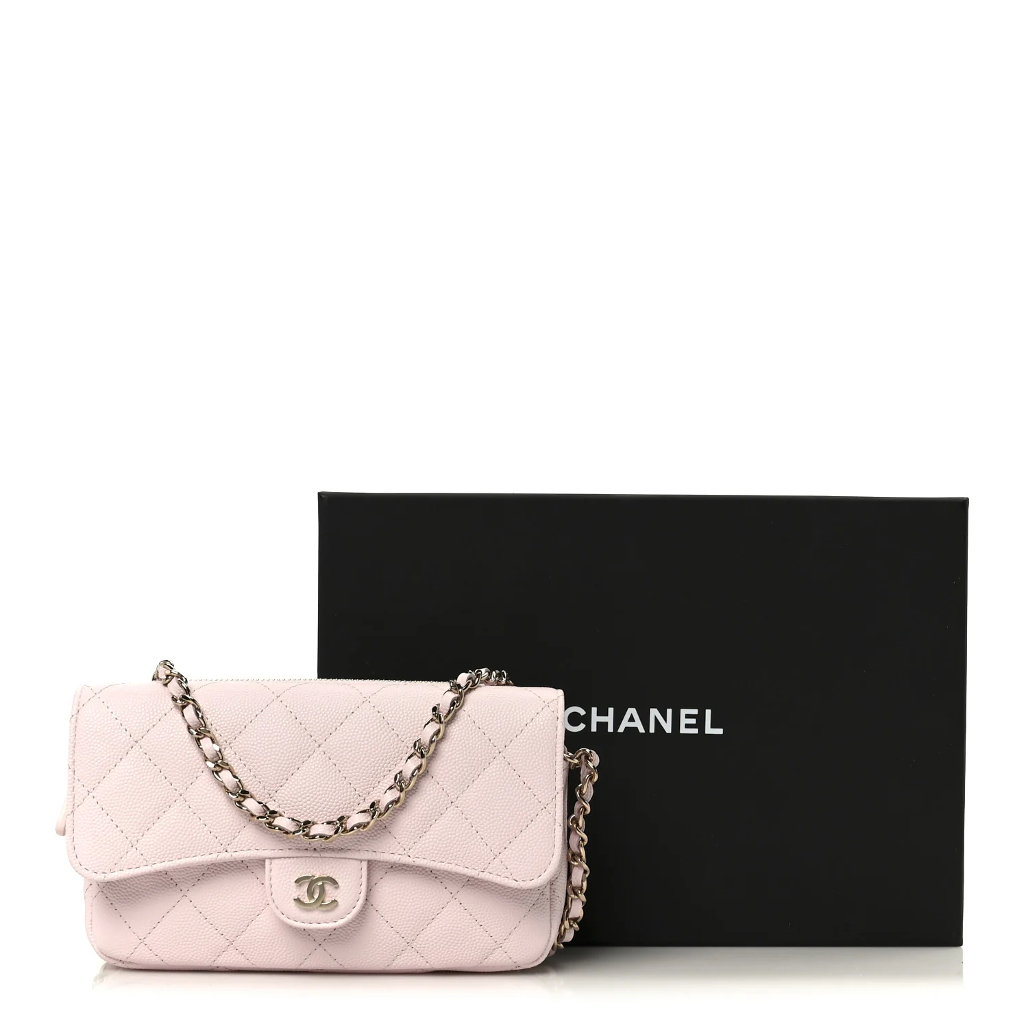 Caviar Quilted Flap Phone Holder With Chain Light Pink - Image 13