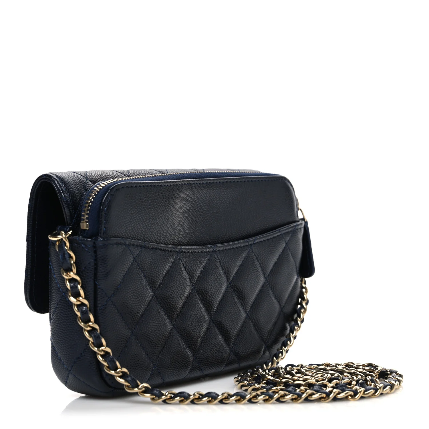 Caviar Quilted Flap Phone Holder With Chain Navy Blue - Image 3