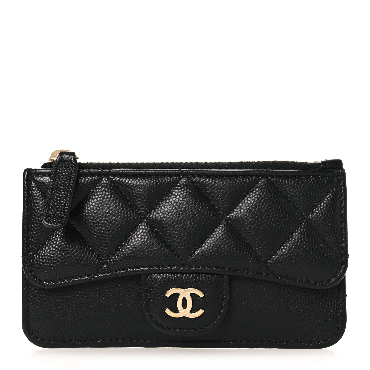 Caviar Quilted Flap Zip Card Holder Black