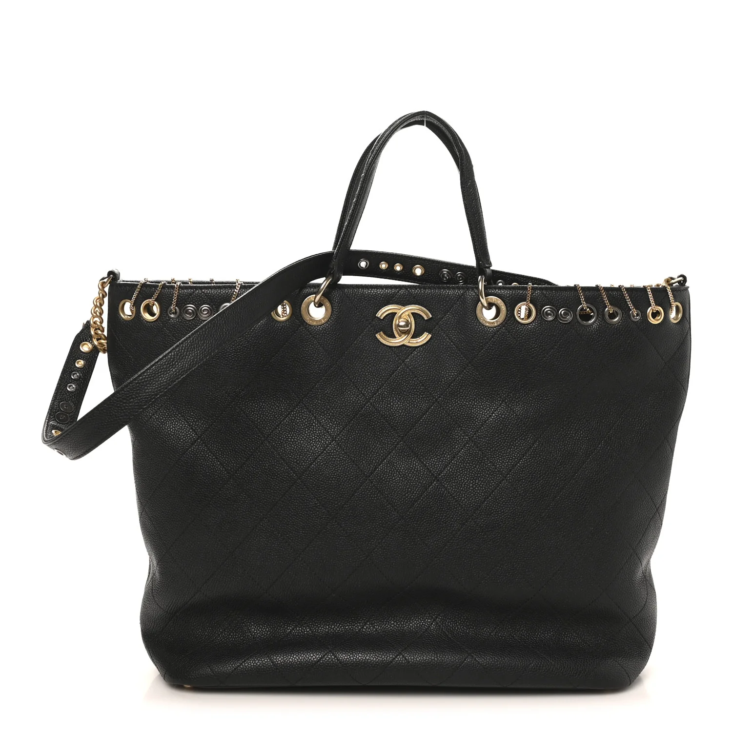 Caviar Quilted Grommet Embellished Piercing Chic Tote Bag Black