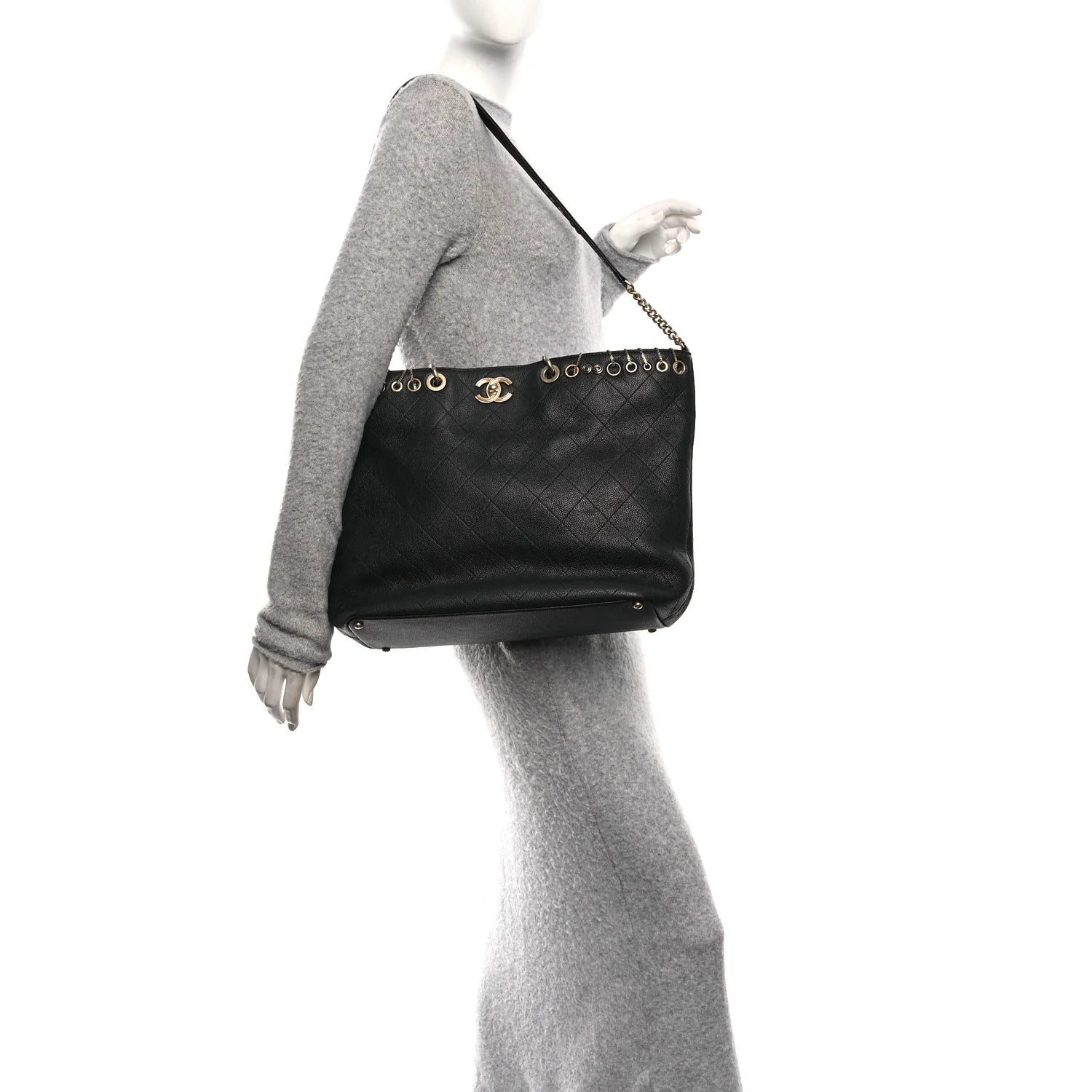 Caviar Quilted Grommet Embellished Piercing Chic Tote Bag Black - Image 2