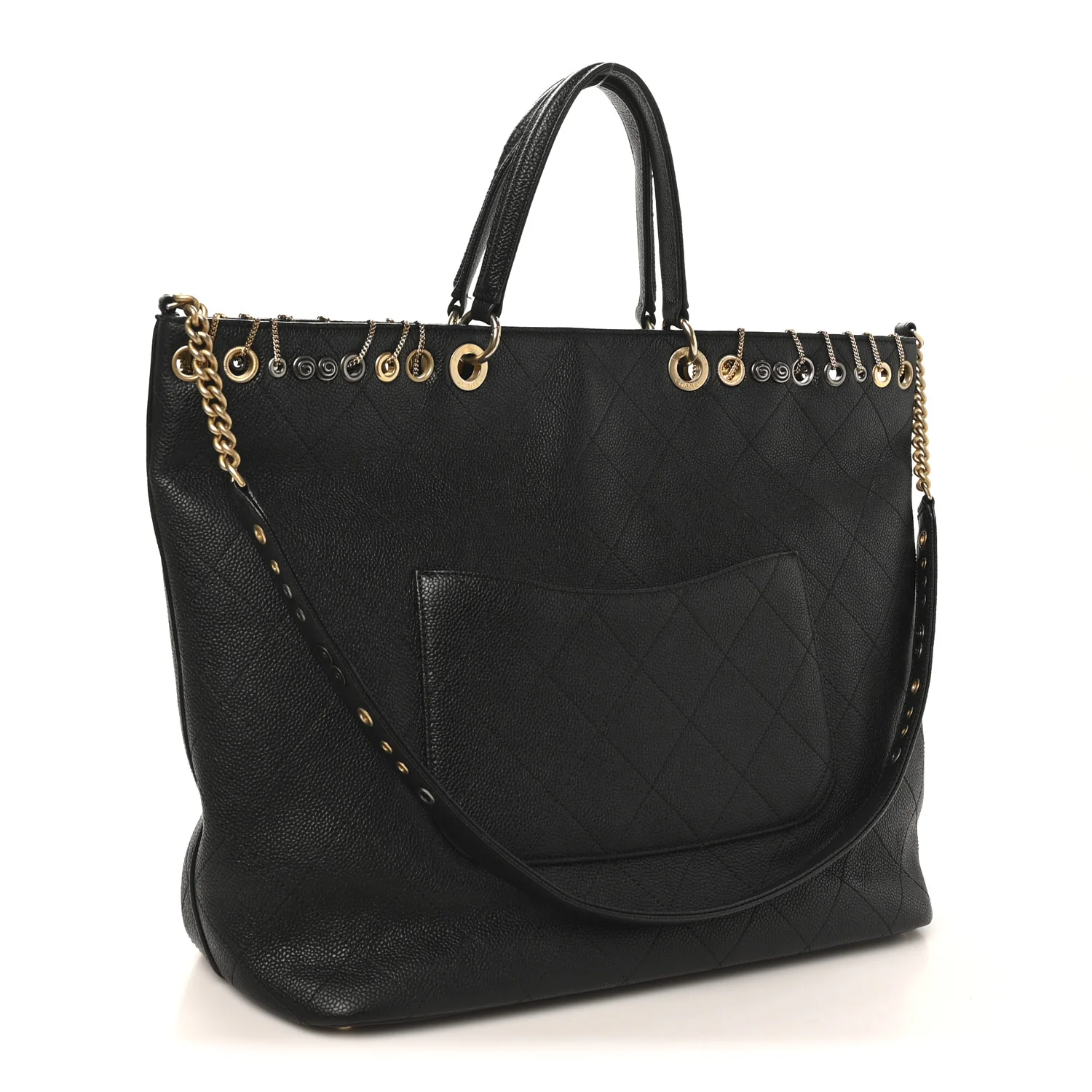 Caviar Quilted Grommet Embellished Piercing Chic Tote Bag Black - Image 3