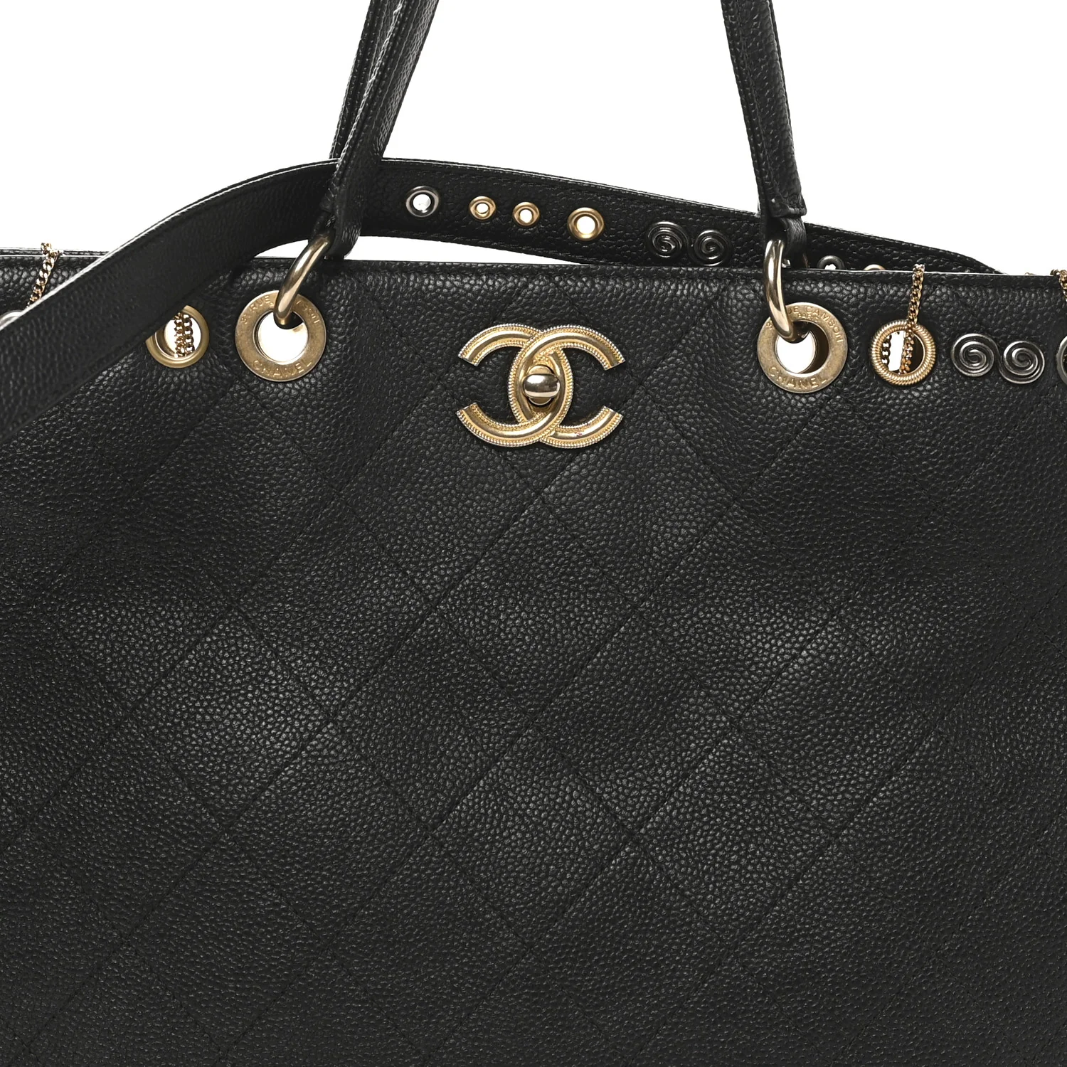 Caviar Quilted Grommet Embellished Piercing Chic Tote Bag Black - Image 8