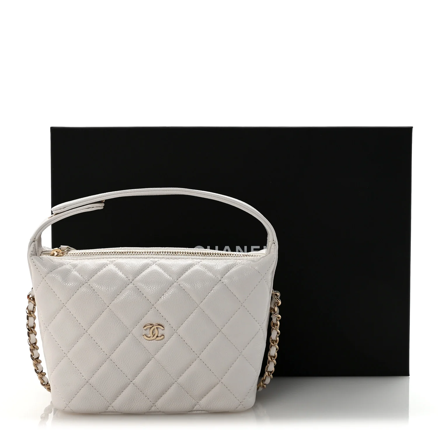 Caviar Quilted Hobo Clutch With Chain White - Image 11