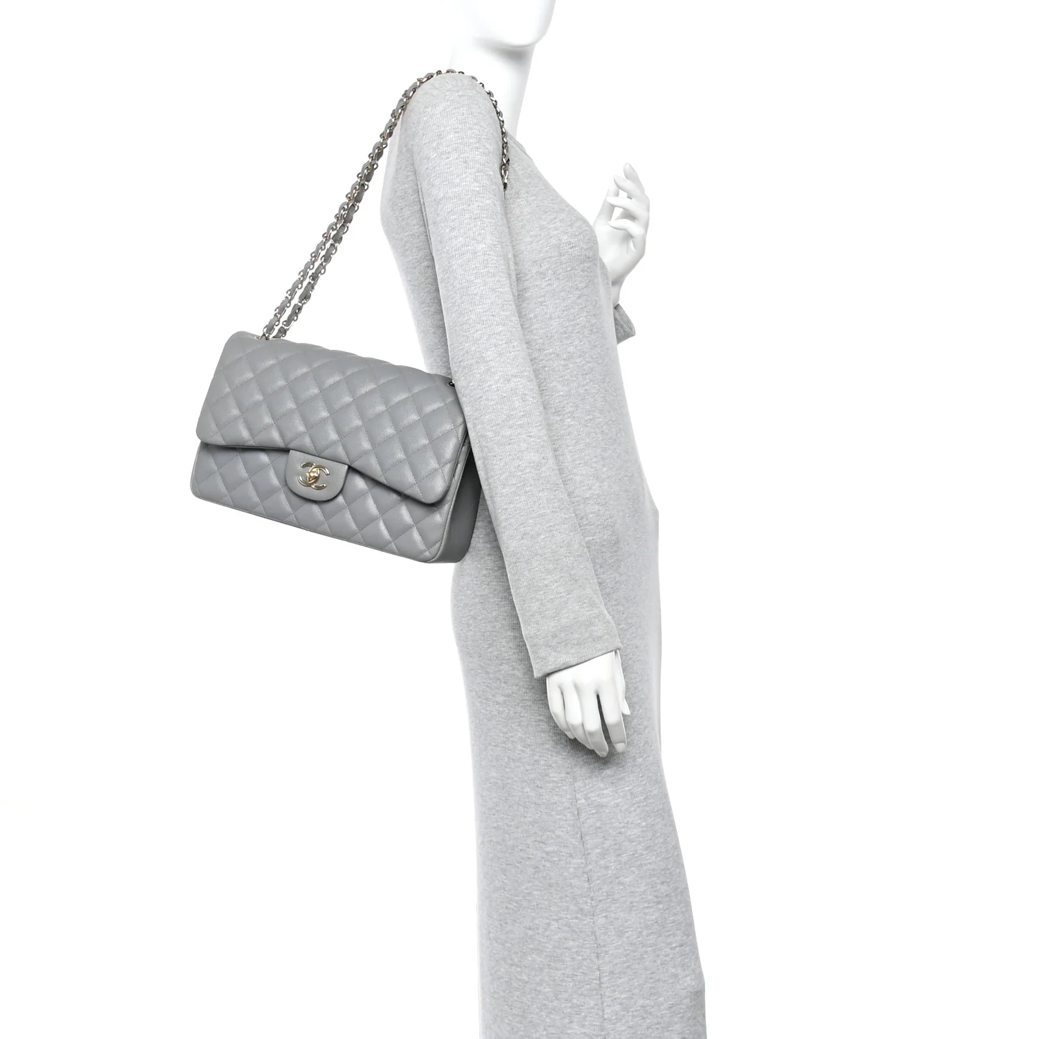 Caviar Quilted Jumbo Double Flap Grey - Image 2