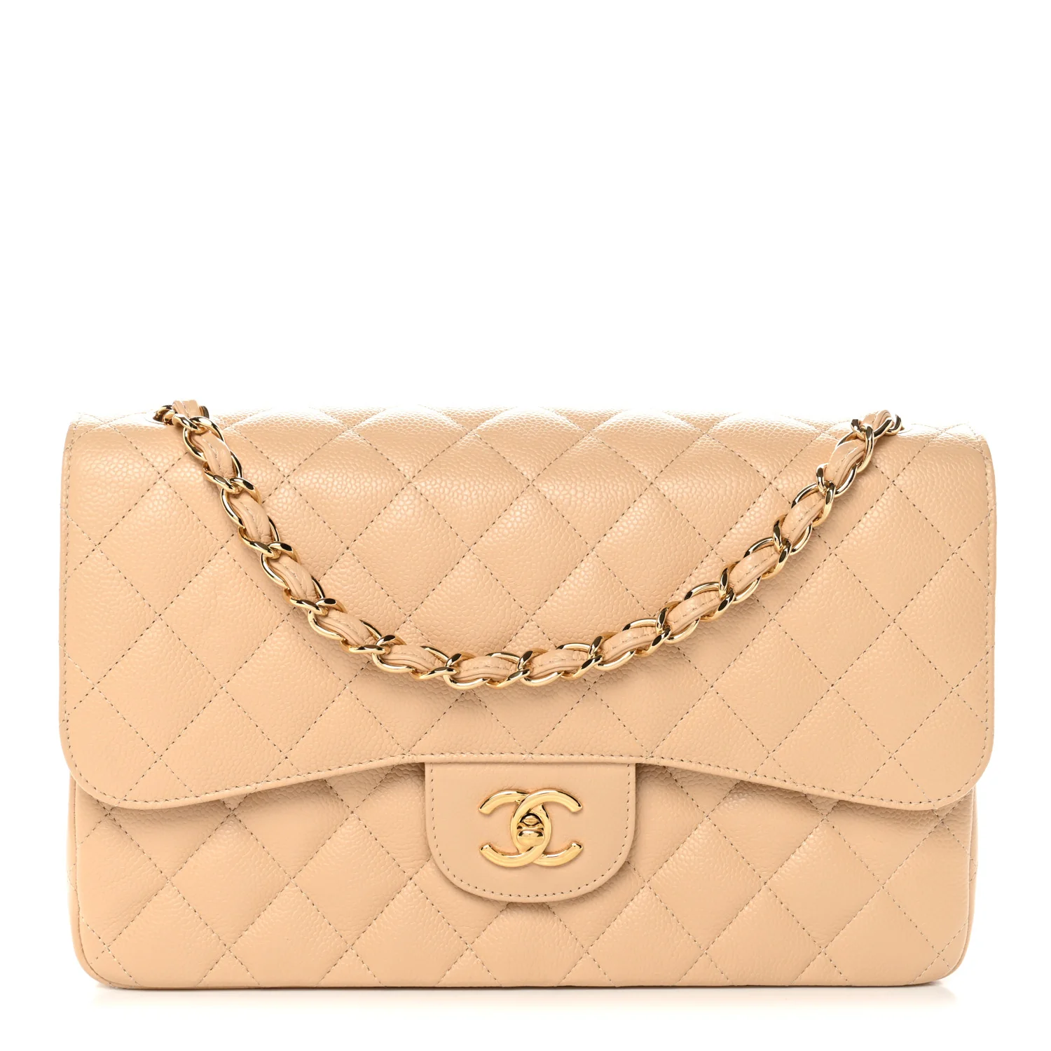 Caviar Quilted Jumbo Double Flap Light Beige