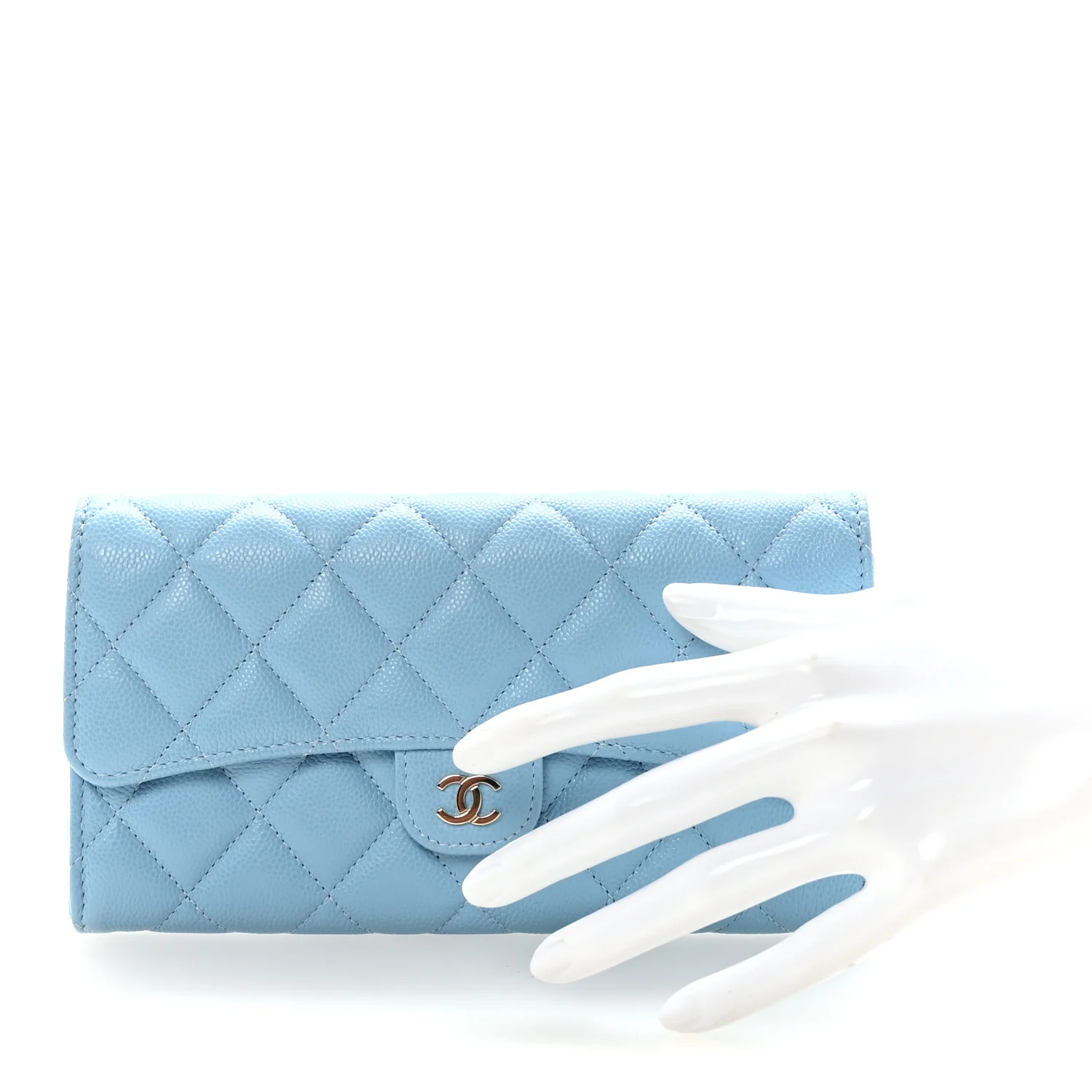 Caviar Quilted Large Gusset Flap Wallet Light Blue - Image 2
