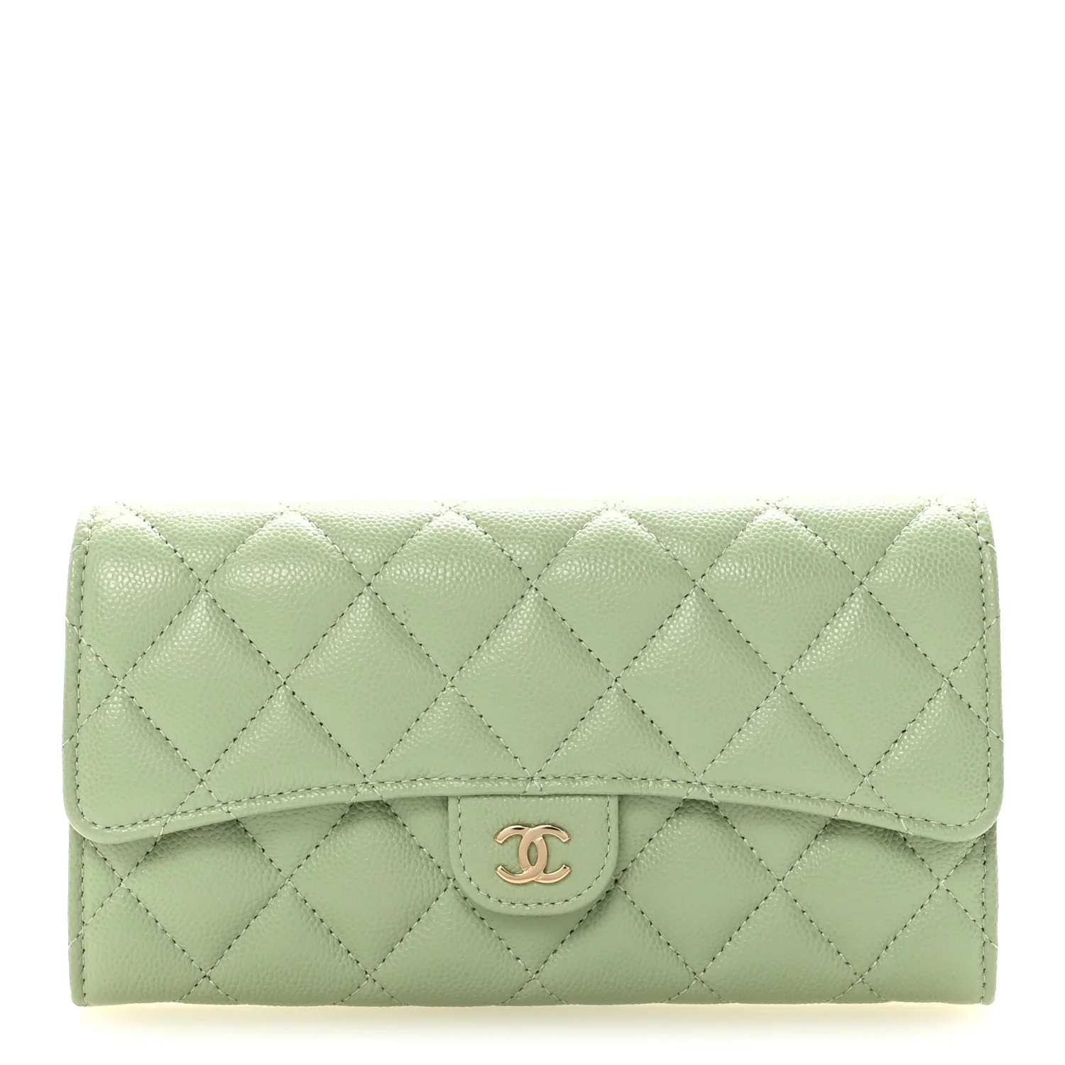 Caviar Quilted Large Gusset Flap Wallet Light Green