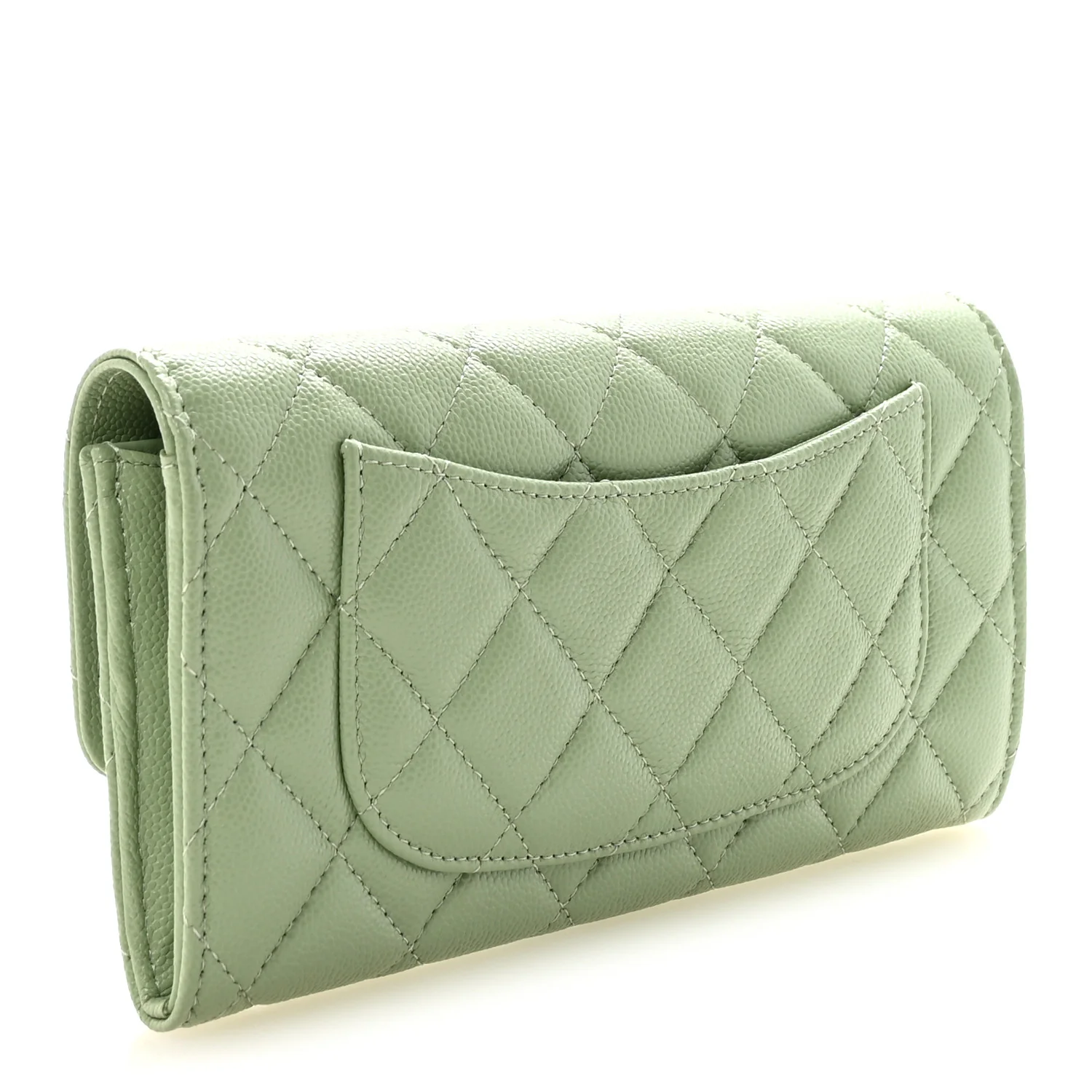 Caviar Quilted Large Gusset Flap Wallet Light Green - Image 3