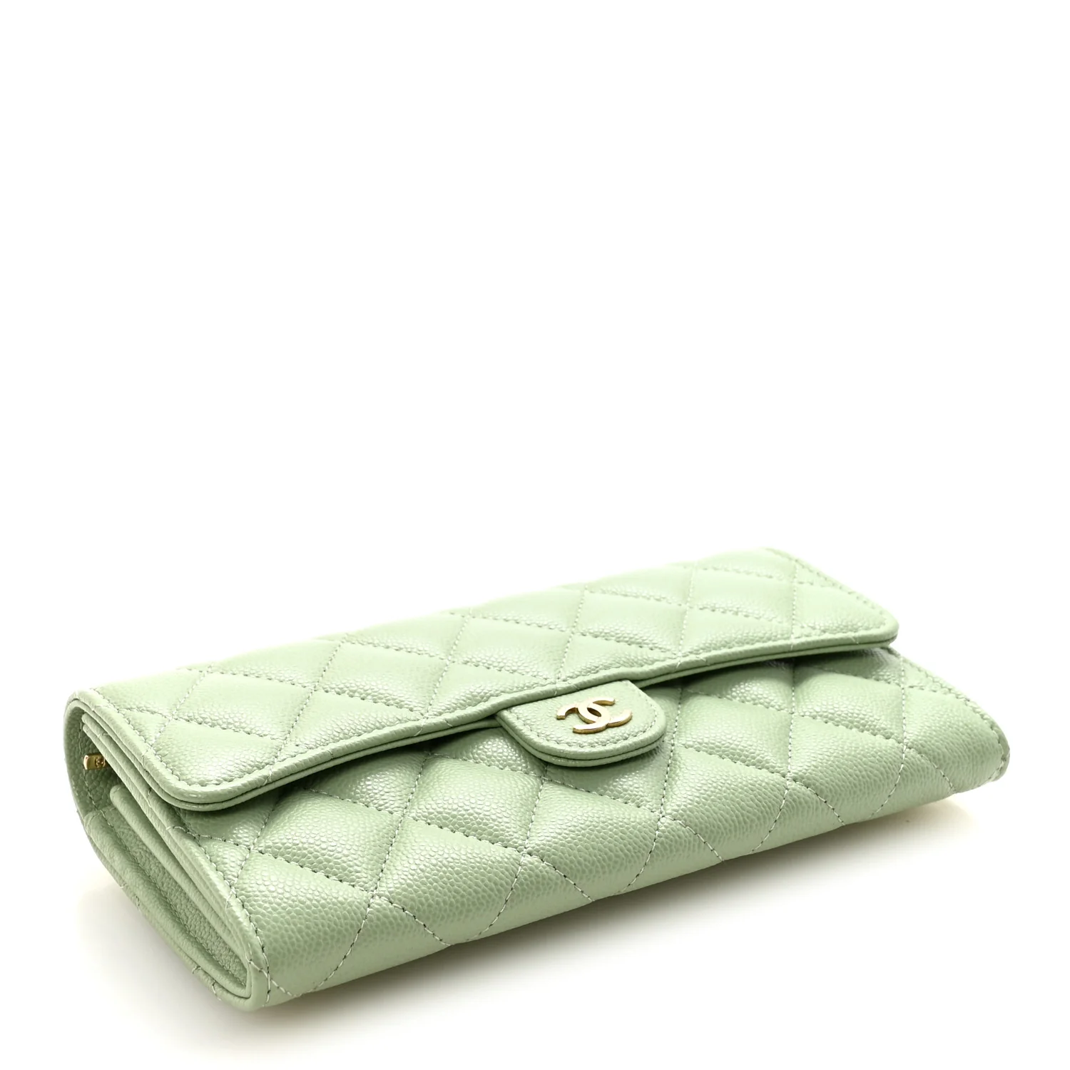 Caviar Quilted Large Gusset Flap Wallet Light Green - Image 4