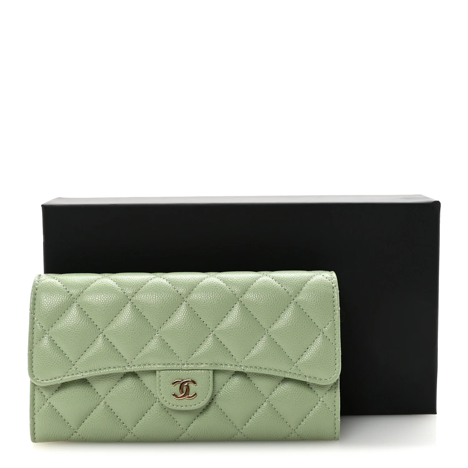 Caviar Quilted Large Gusset Flap Wallet Light Green - Image 9