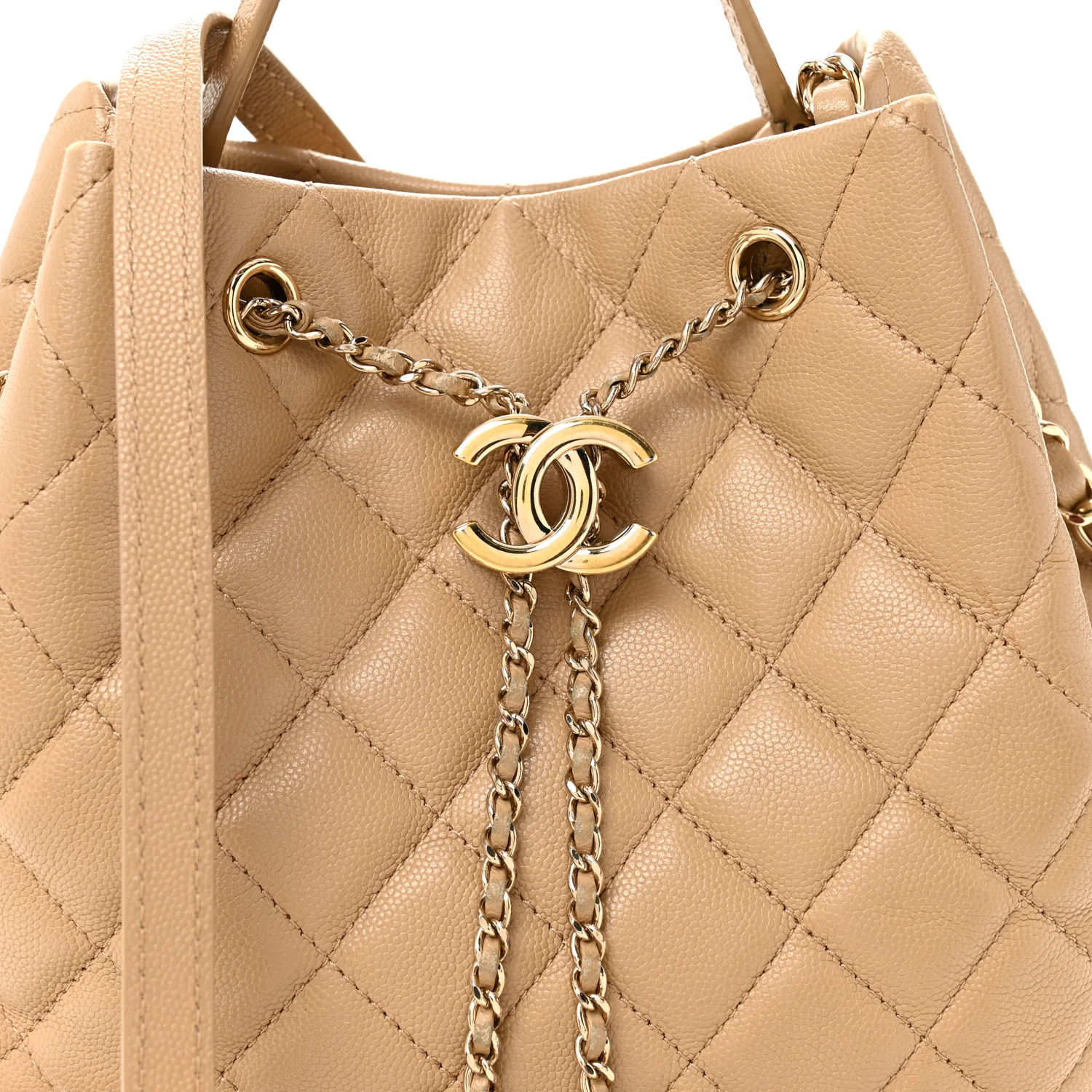 Caviar Quilted Large Rolled Up Bucket Drawstring Bag Beige - Image 8