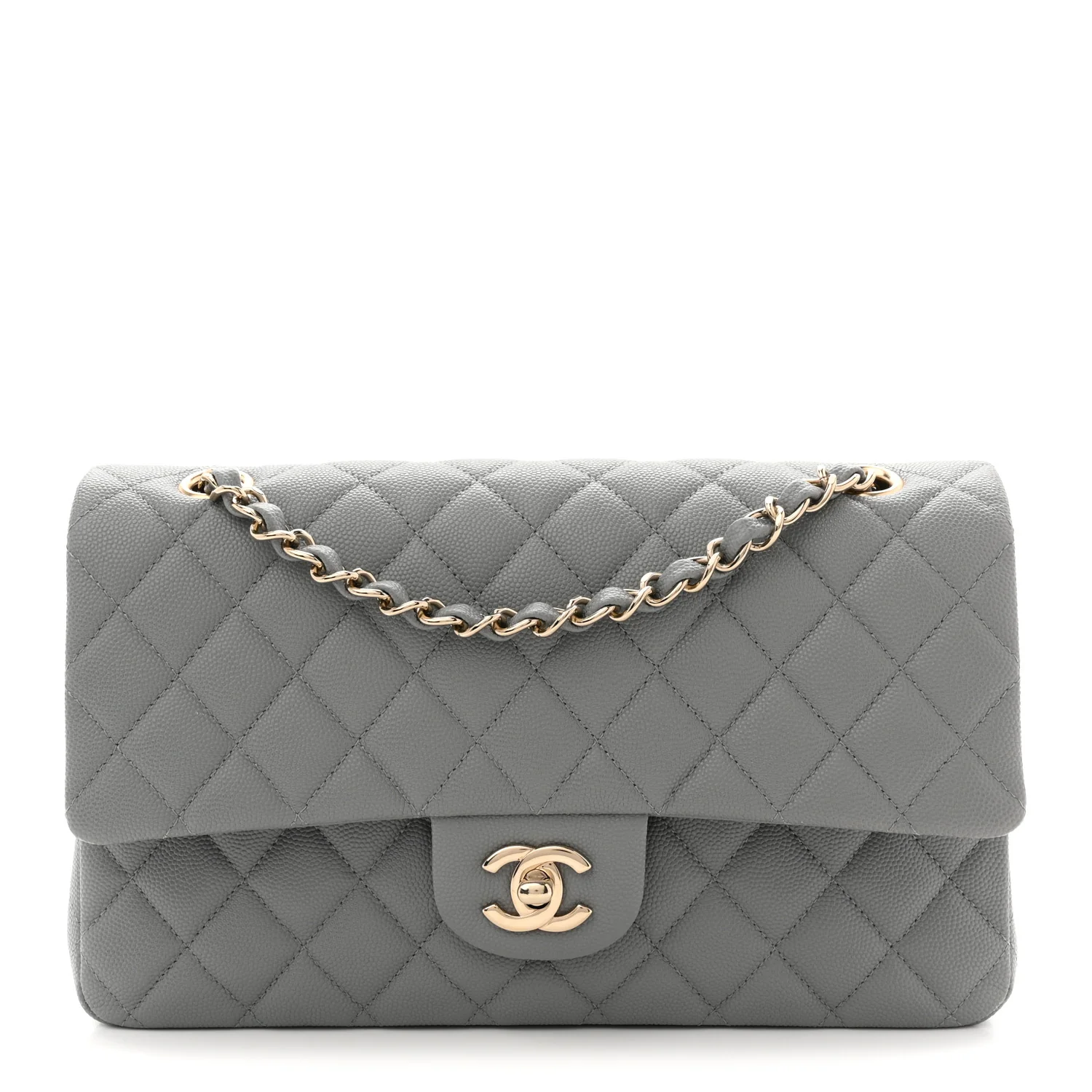 Caviar Quilted Medium Double Flap Grey