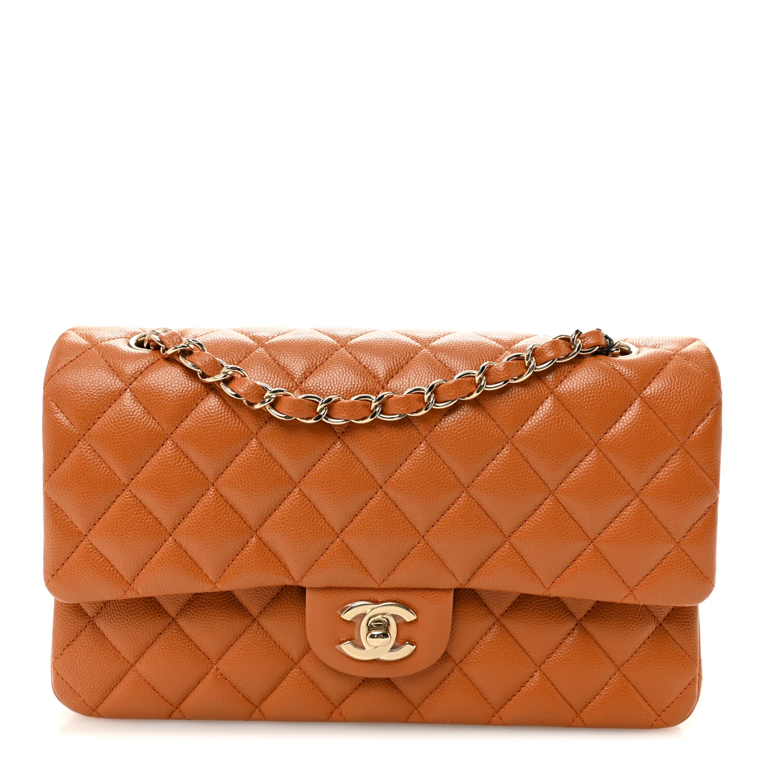 Caviar Quilted Medium Double Flap Light Brown