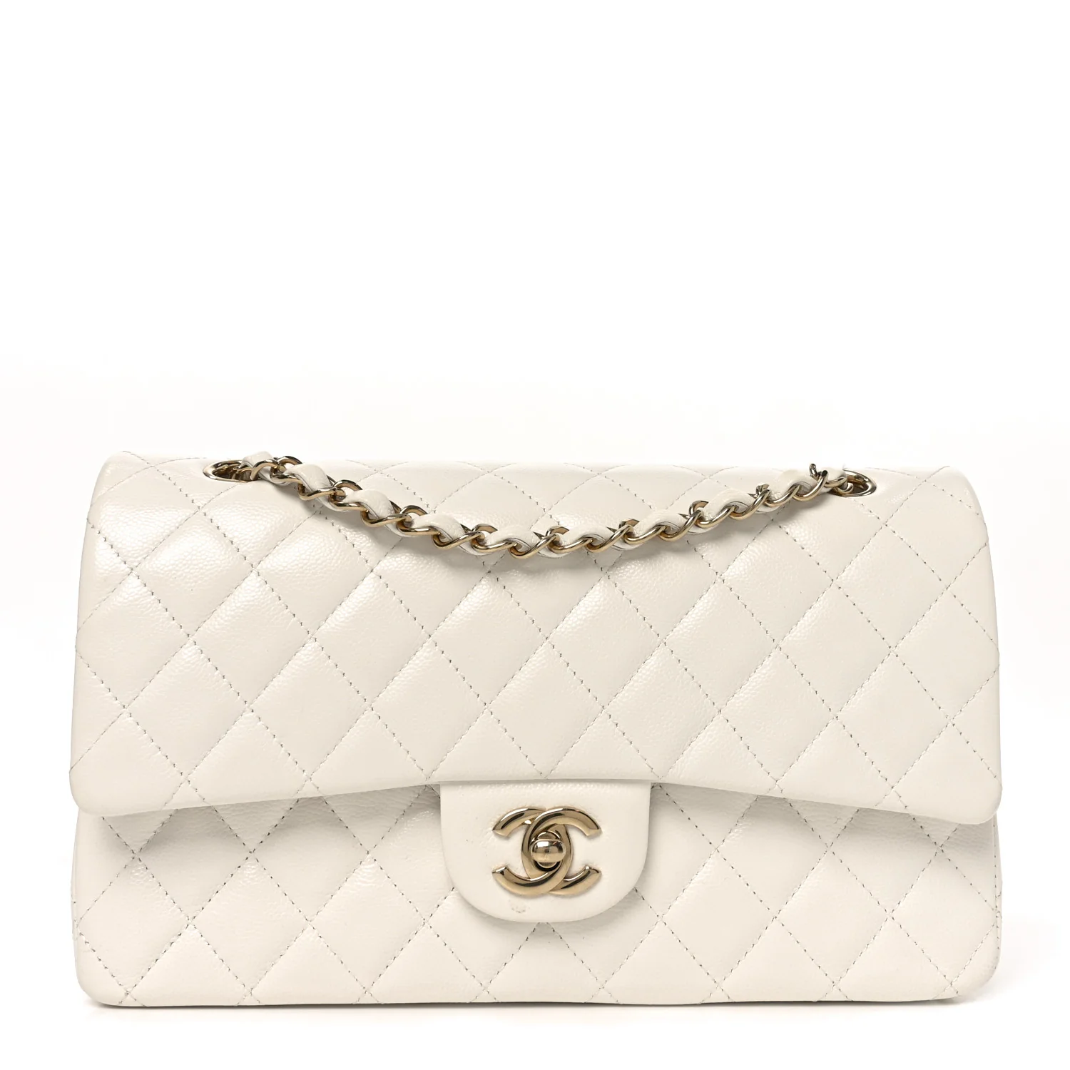 Caviar Quilted Medium Double Flap White