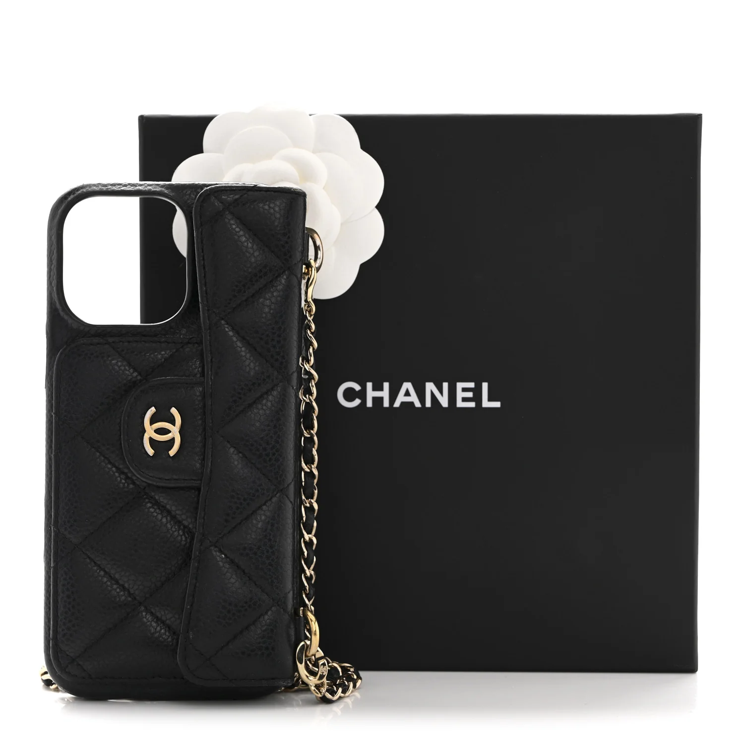 Caviar Quilted Pearl Crush iPhone 16 Pro Max Case With Chain Black - Image 9