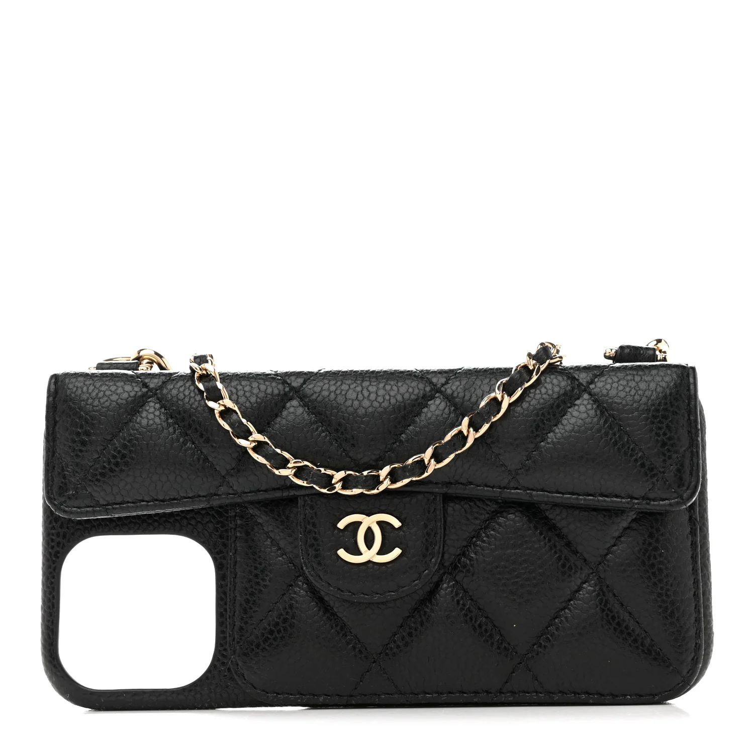 Caviar Quilted Pearl Crush iPhone XII Pro Max Holder With Chain Black