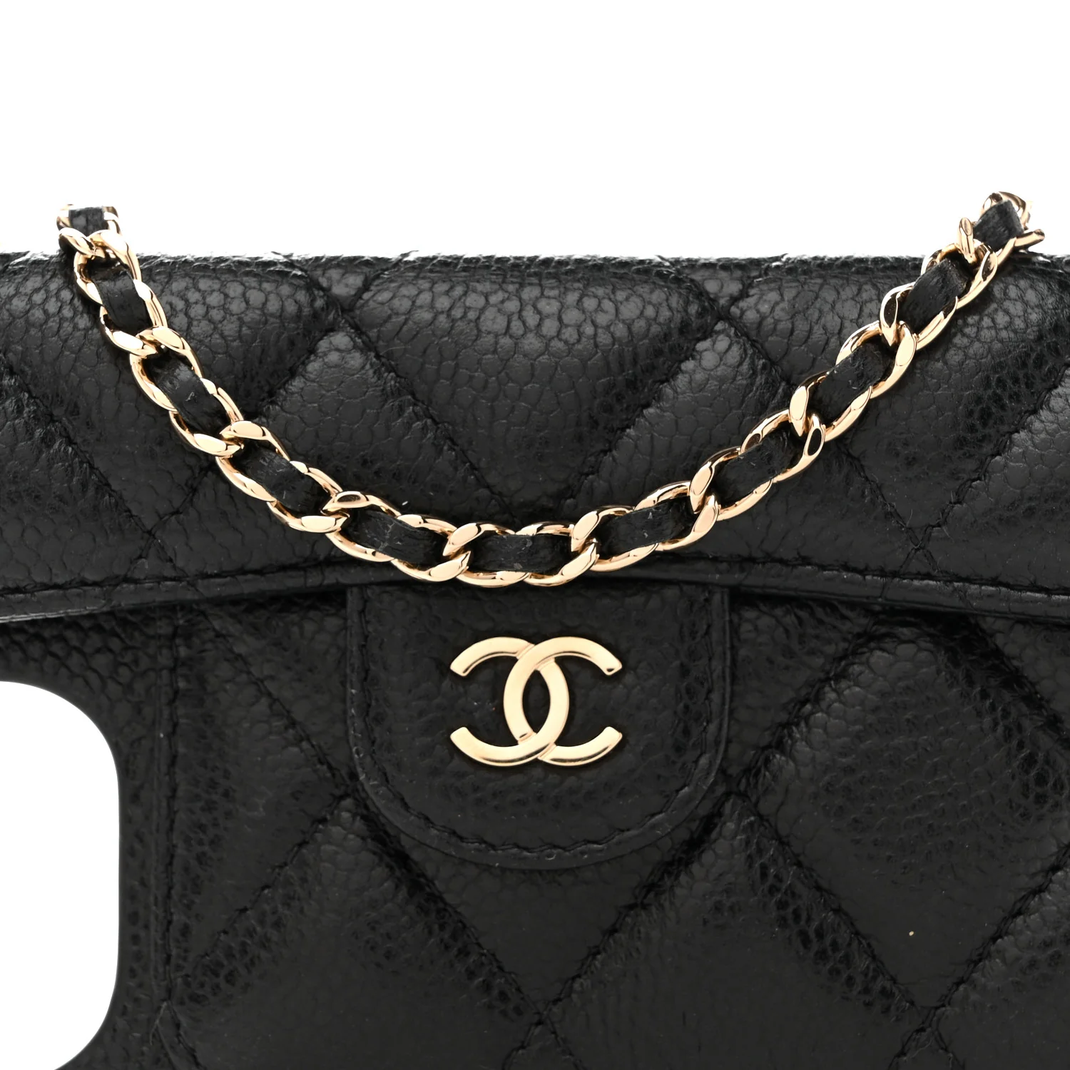 Caviar Quilted Pearl Crush iPhone XII Pro Max Holder With Chain Black - Image 7