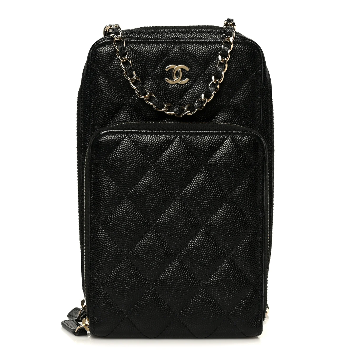 Caviar Quilted Phone Holder With Chain Black