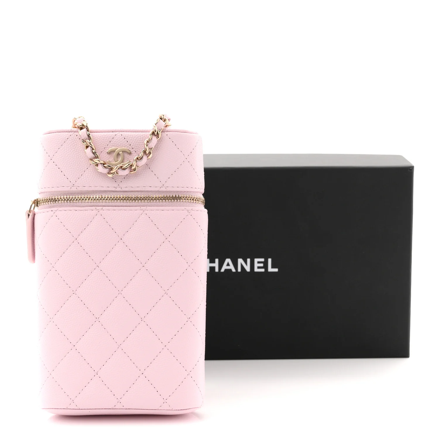 Caviar Quilted Phone Holder With Chain Light Pink - Image 11
