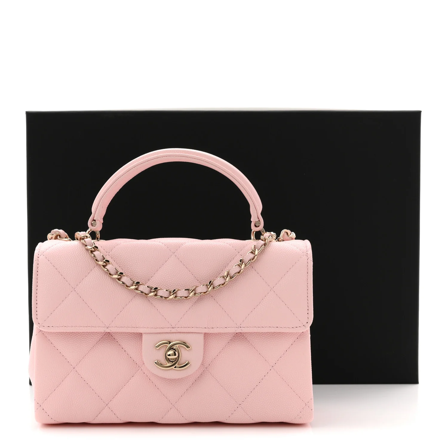 Caviar Quilted Retro Mini Twist Top Handle Clutch Flap Light Pink - Image 12