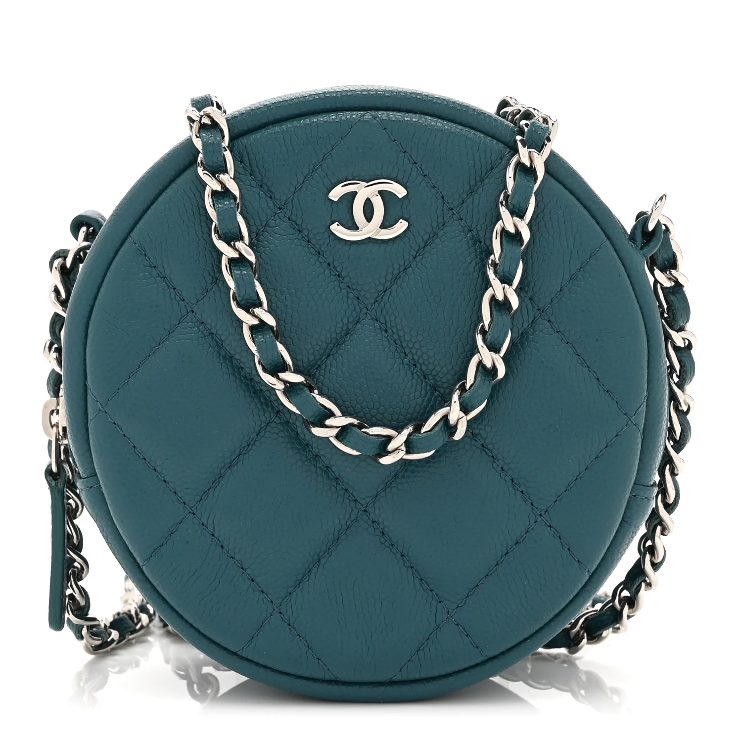 Caviar Quilted Round Clutch With Chain Green