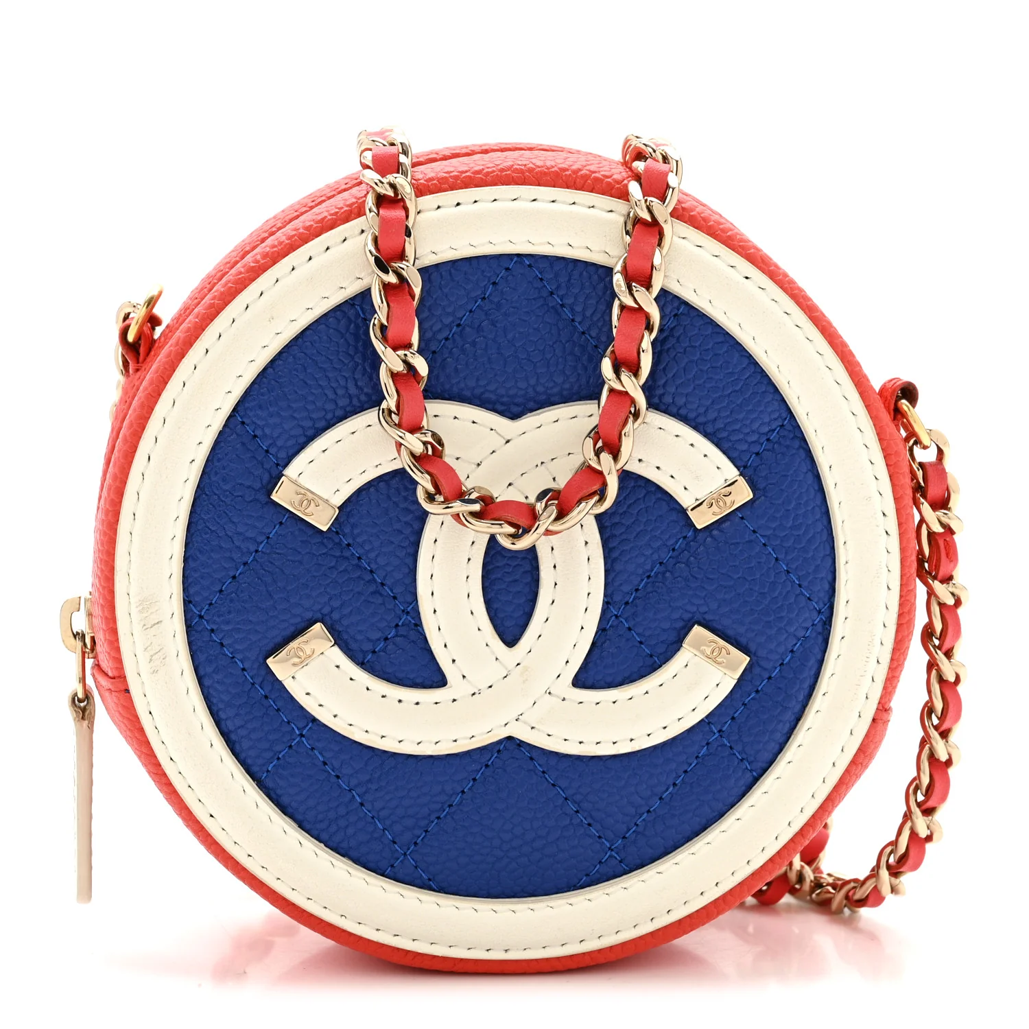 Caviar Quilted Round Filigree Crossbody Blue White Red