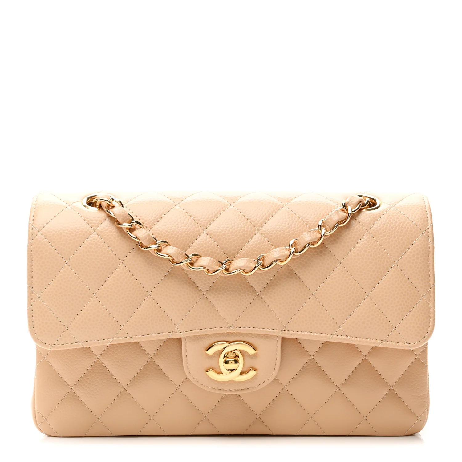 Caviar Quilted Small Double Flap Beige
