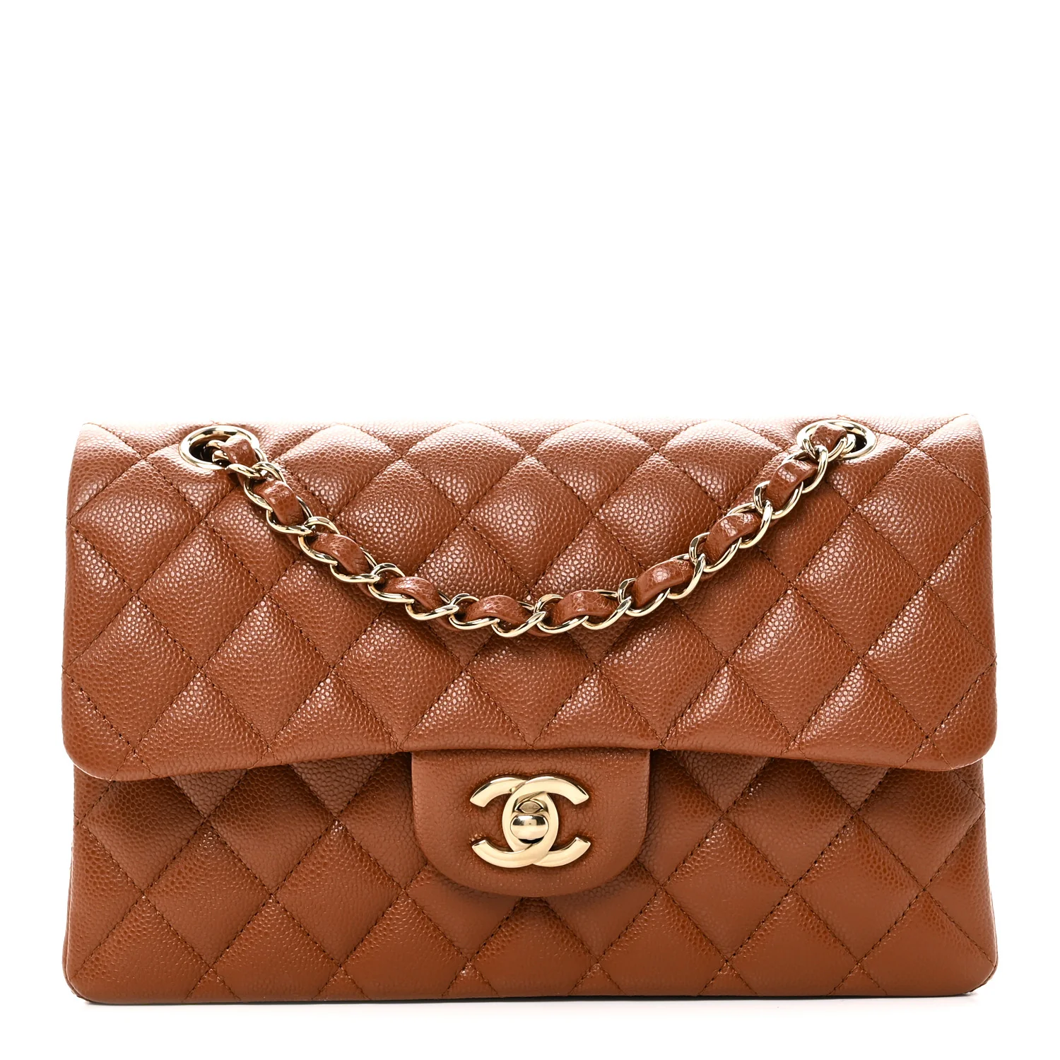 Caviar Quilted Small Double Flap Light Brown